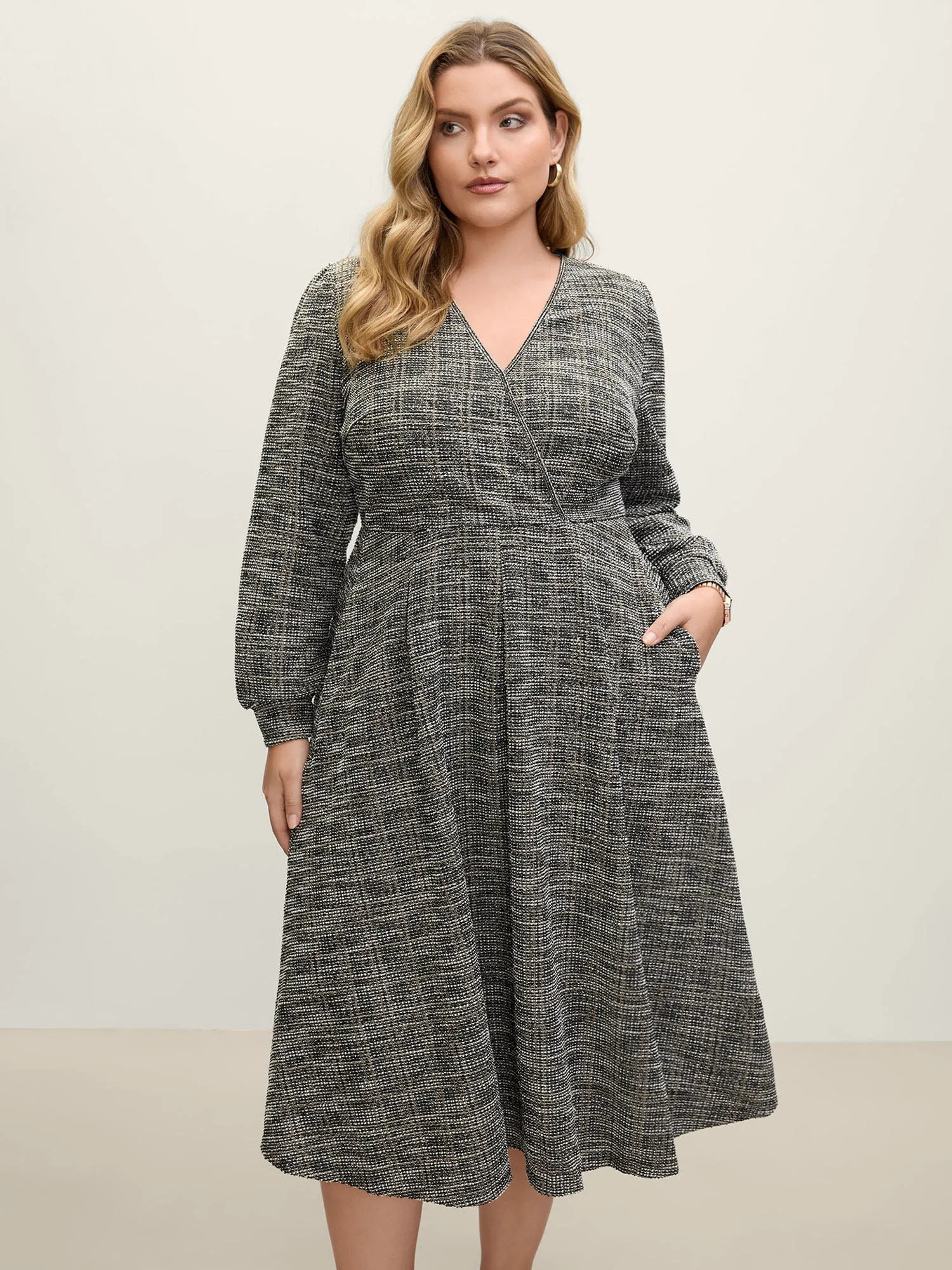Tweed Surplice Neck Midi Dress sold by Bloomchic