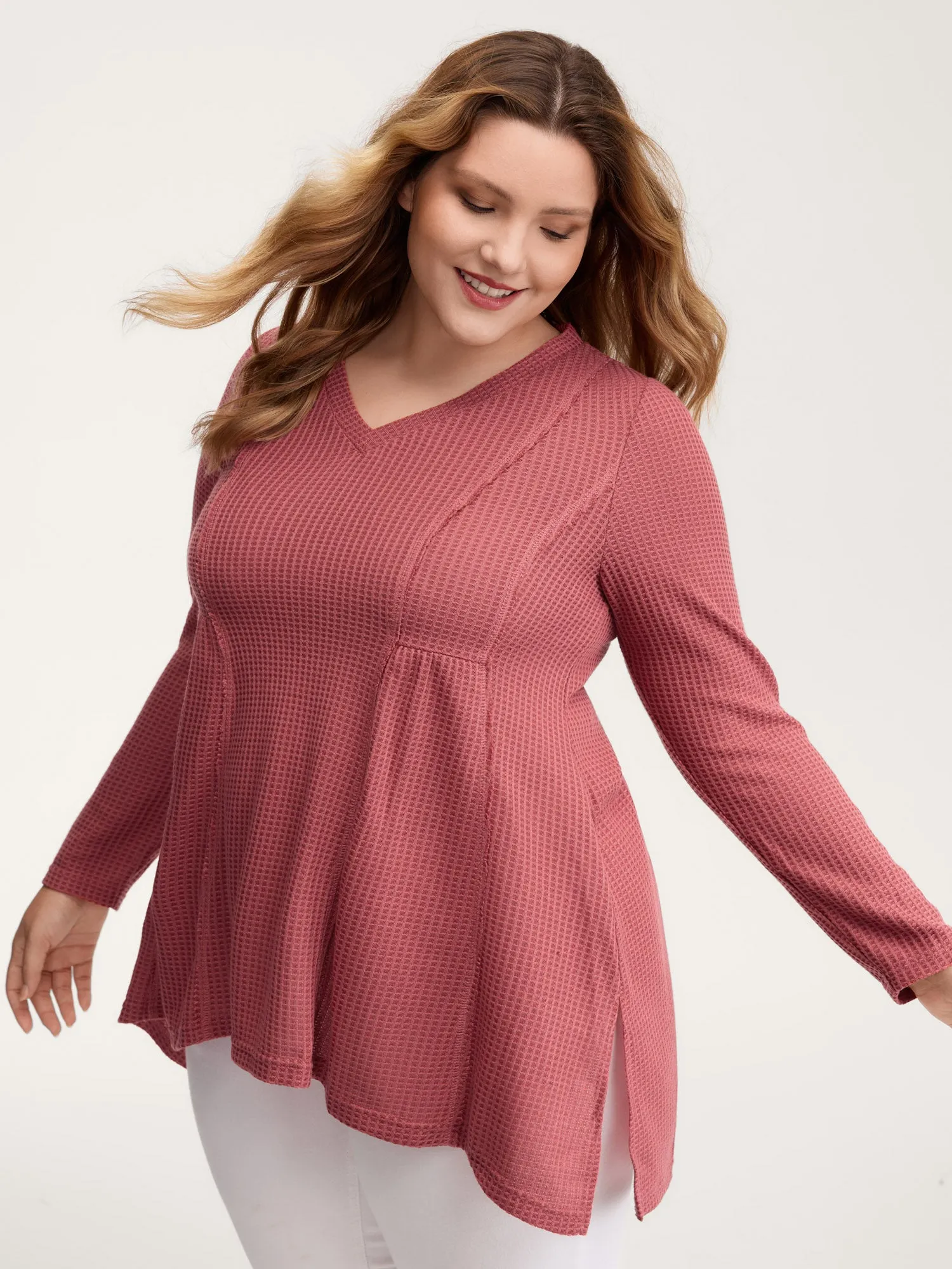 Waffle Grid Side Slit Flared T-Shirt sold by Bloomchic