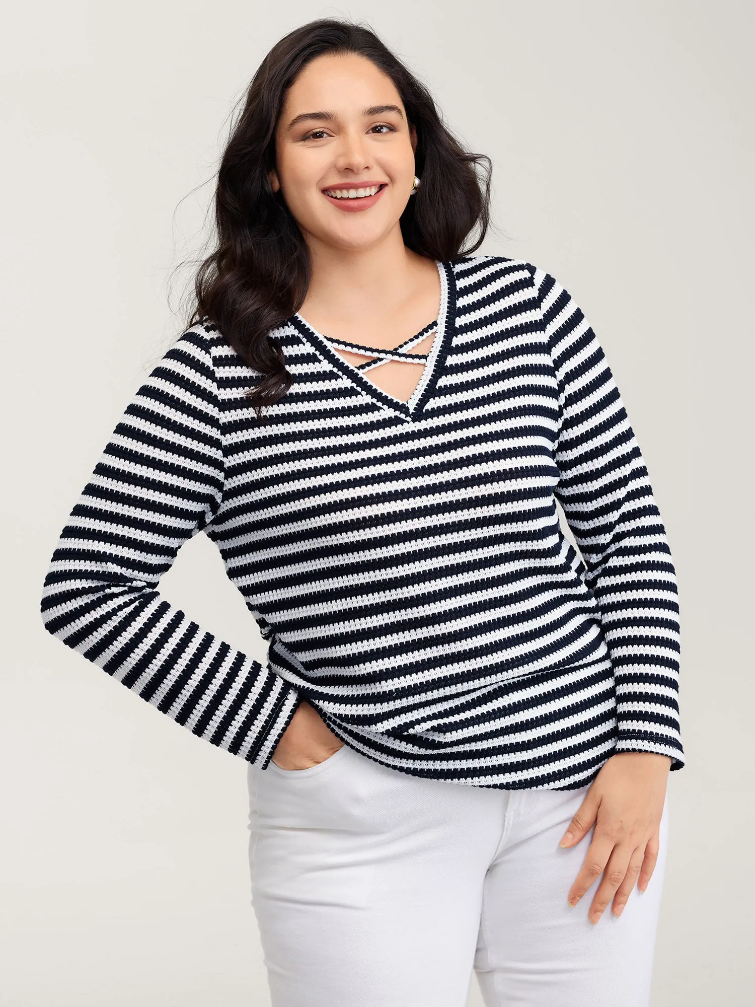 Stripe Stretchy Print V-Neck T-Shirt sold by Bloomchic product image thumbnail 2