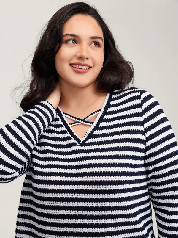 Stripe Stretchy Print V-Neck T-Shirt sold by Bloomchic