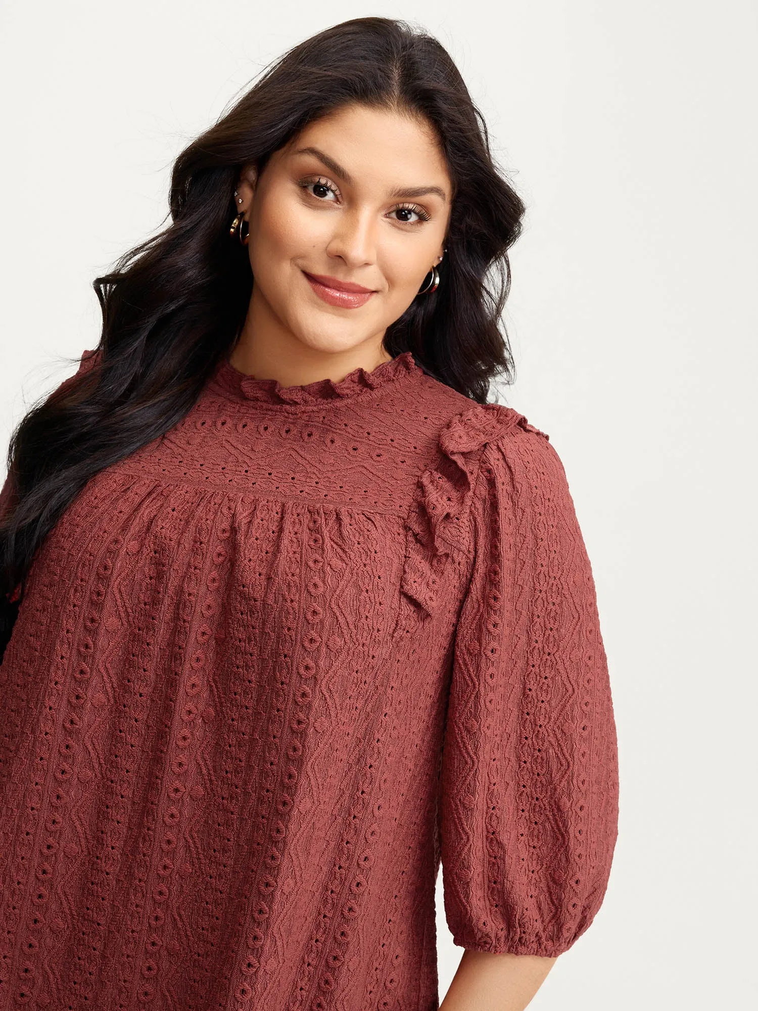 Textured Ruffled Neck Pleated Blouse sold by Bloomchic