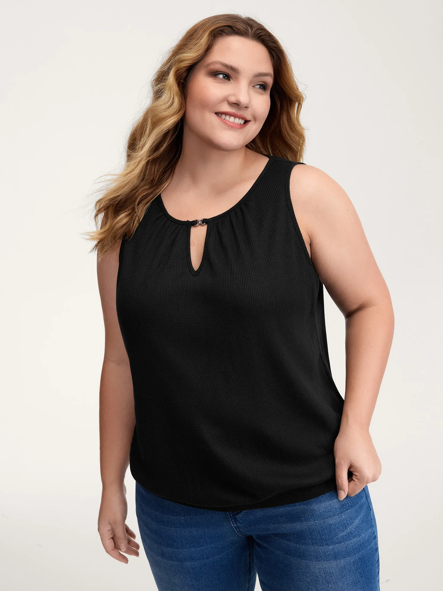 Waffle Grid Neck Cut-Out Tank Top sold by Bloomchic