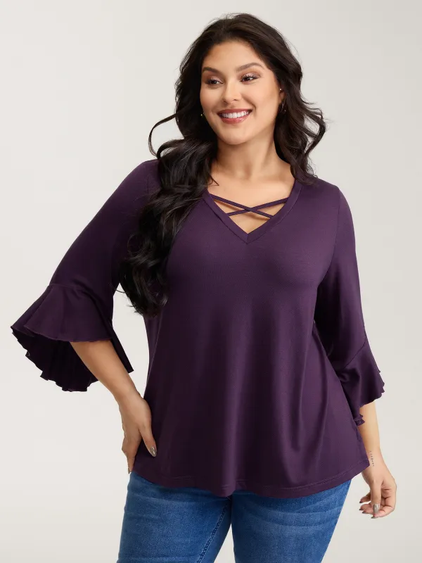Supersoft Drawstring Neckline Ruffled Sleeve Knit Top sold by Bloomchic