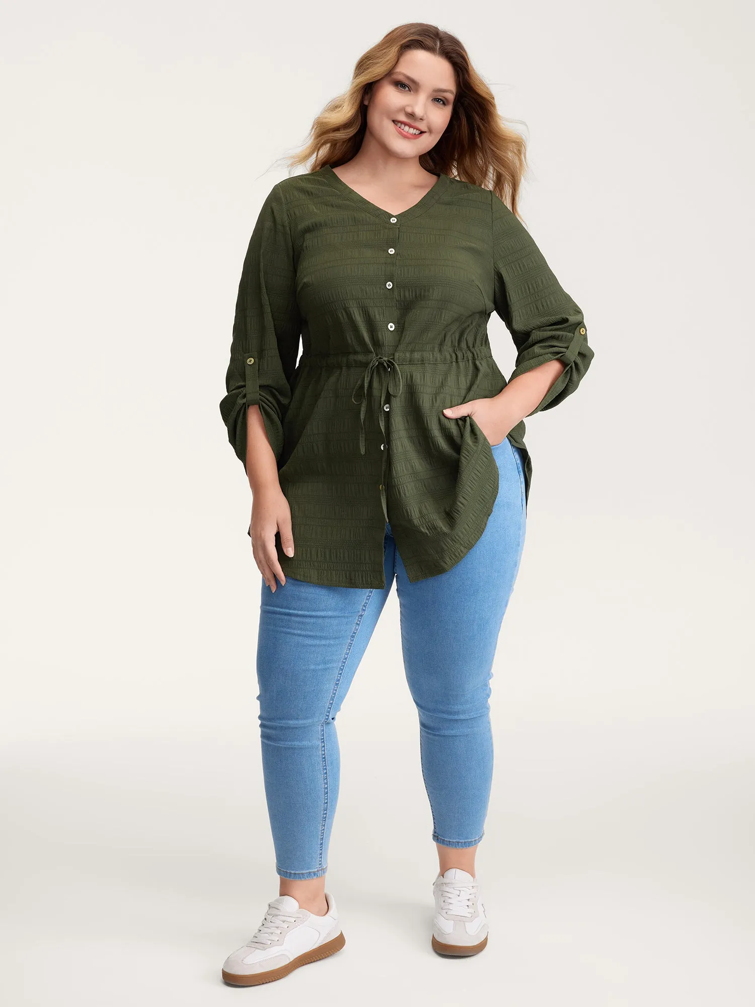 Textured Tab Sleeve Waist Drawstring Blouse sold by Bloomchic product image thumbnail 3