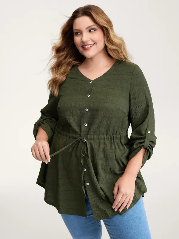 Textured Tab Sleeve Waist Drawstring Blouse sold by Bloomchic
