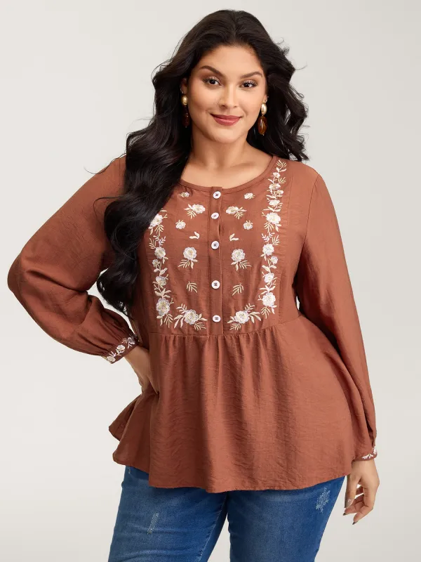 Supersoft Floral Embroidery Button Blouse sold by Bloomchic