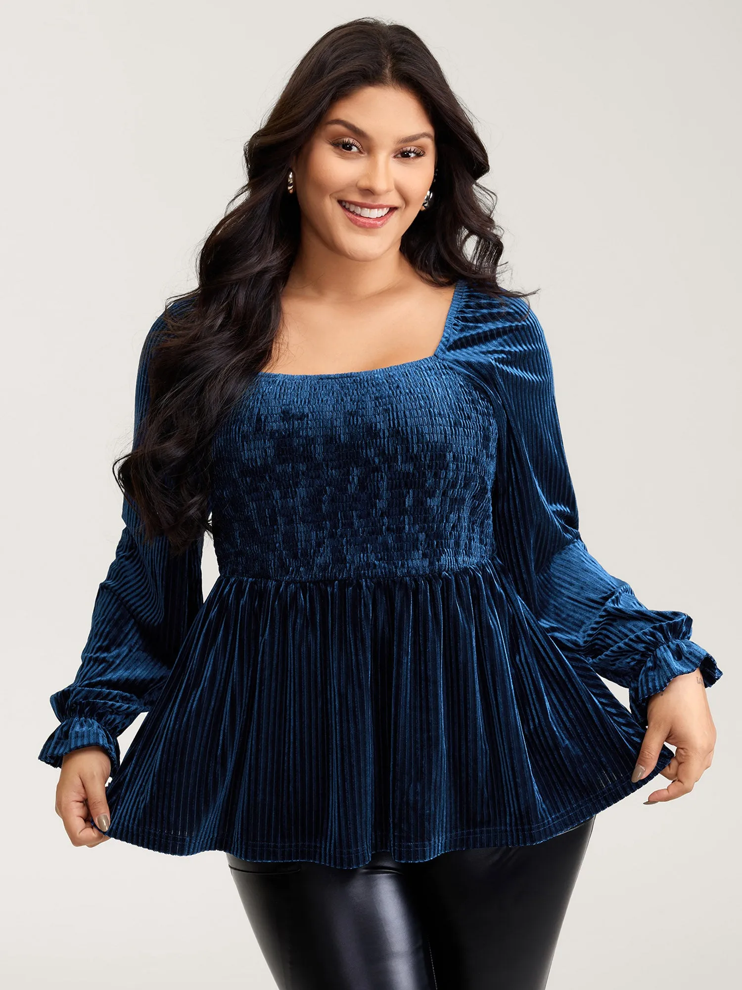 Velvet Shirred Bodice Stretchy Waist Blouse sold by Bloomchic