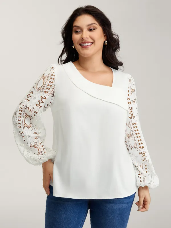 Sheer Lace Sleeve Asymmetrical Neckline Blouse sold by Bloomchic
