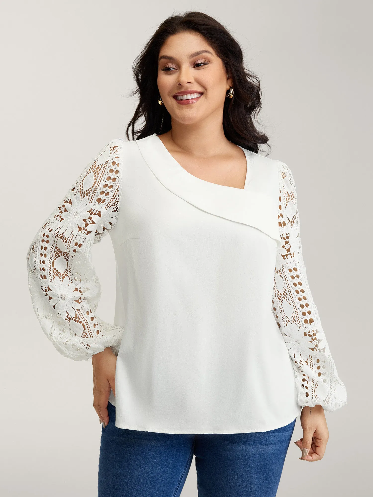 Sheer Lace Sleeve Asymmetrical Neckline Blouse sold by Bloomchic