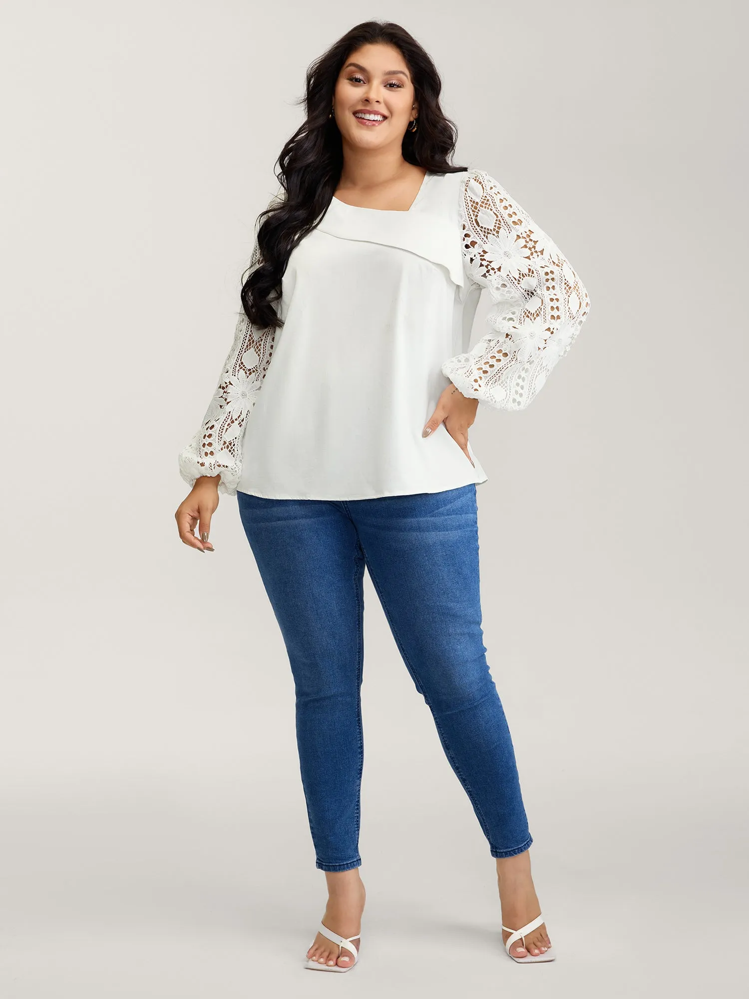 Sheer Lace Sleeve Asymmetrical Neckline Blouse sold by Bloomchic product image thumbnail 3