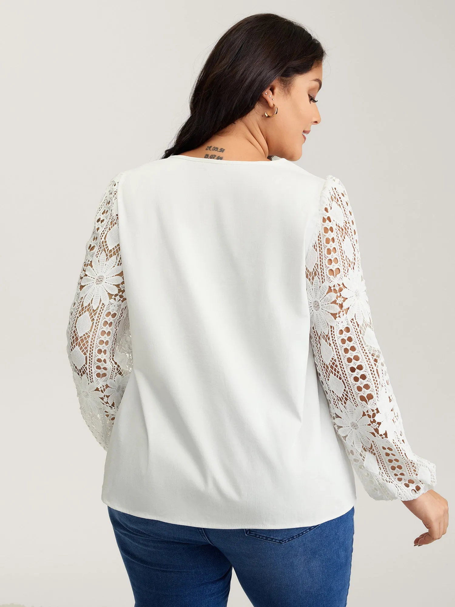 Sheer Lace Sleeve Asymmetrical Neckline Blouse sold by Bloomchic product image thumbnail 4