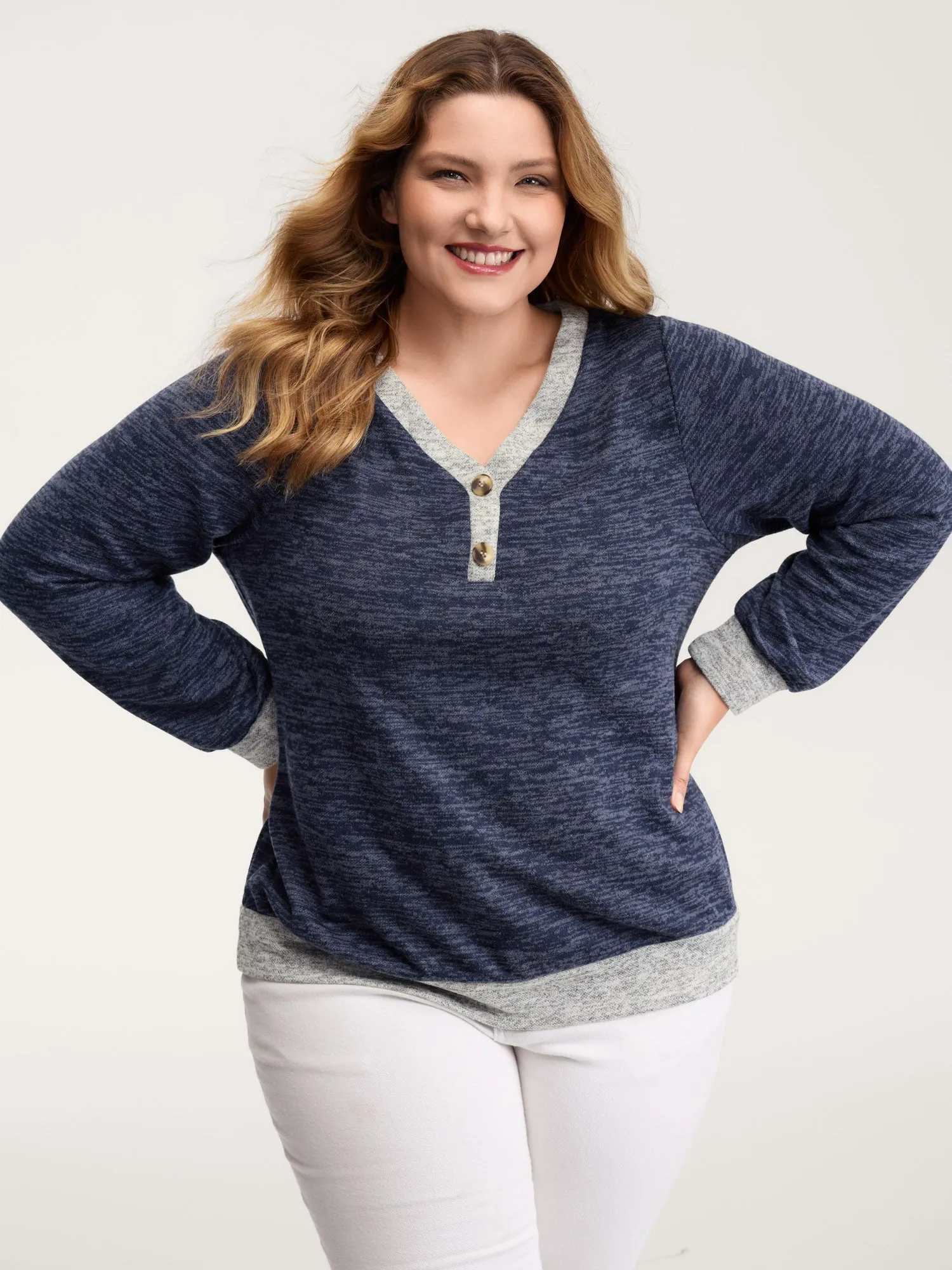 Color Contrast V-Neck Button Sweatshirt sold by Bloomchic