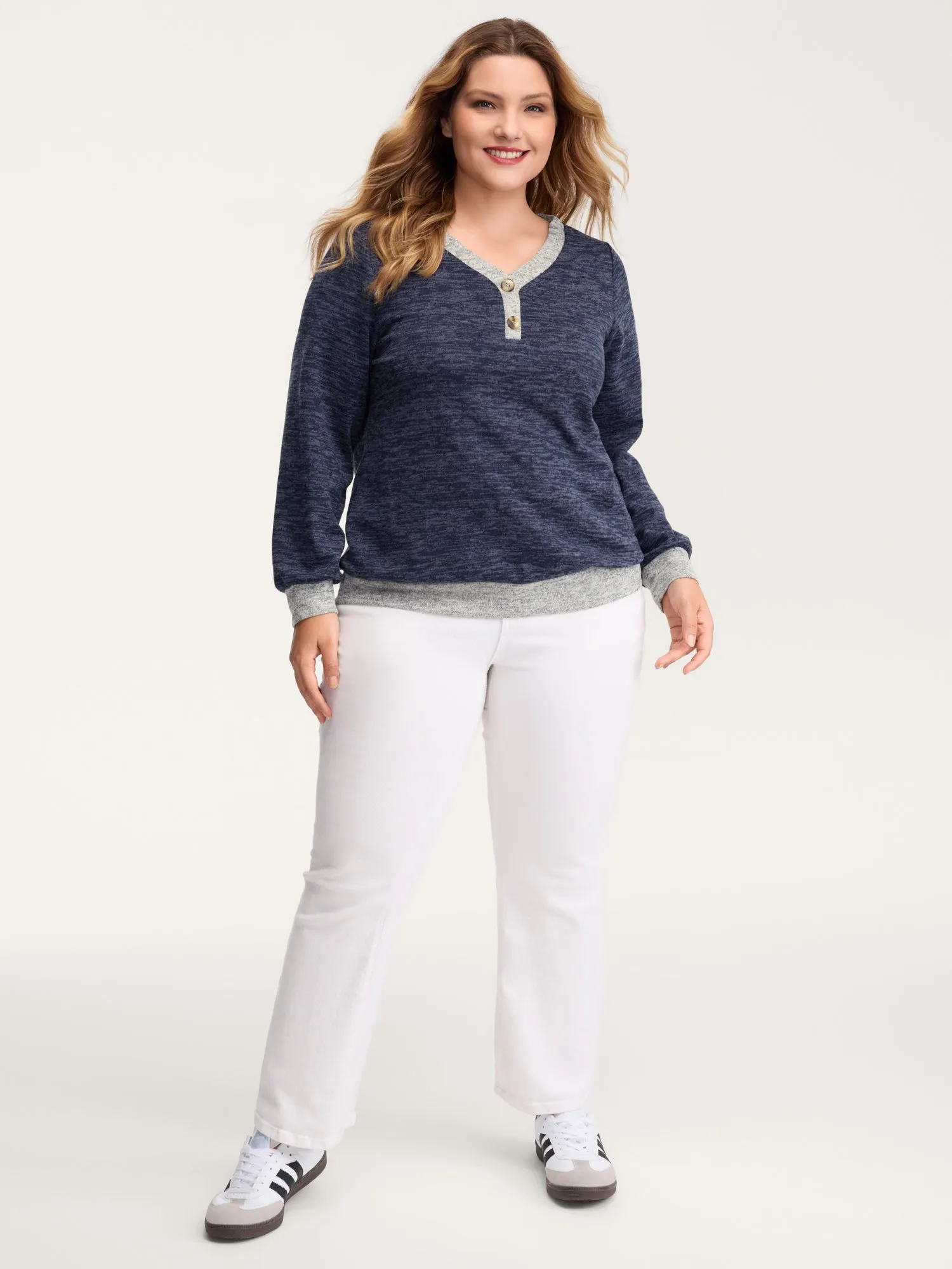 Color Contrast V-Neck Button Sweatshirt sold by Bloomchic product image thumbnail 3
