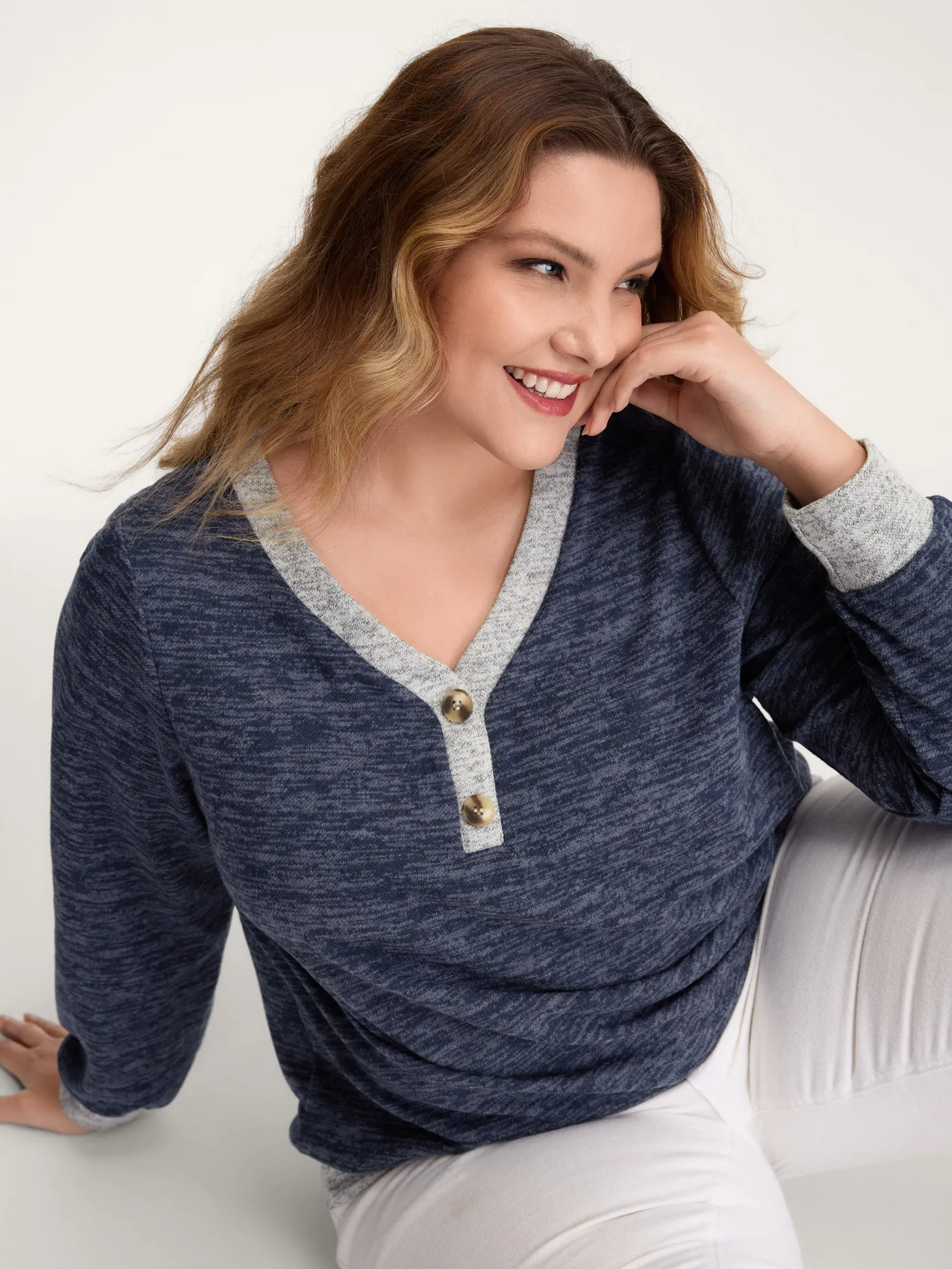 Color Contrast V-Neck Button Sweatshirt sold by Bloomchic product image thumbnail 2
