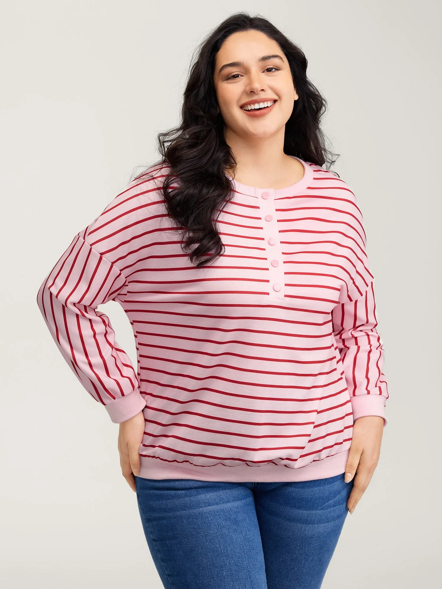 Stripe Snap Button Round Neck Sweatshirt sold by Bloomchic