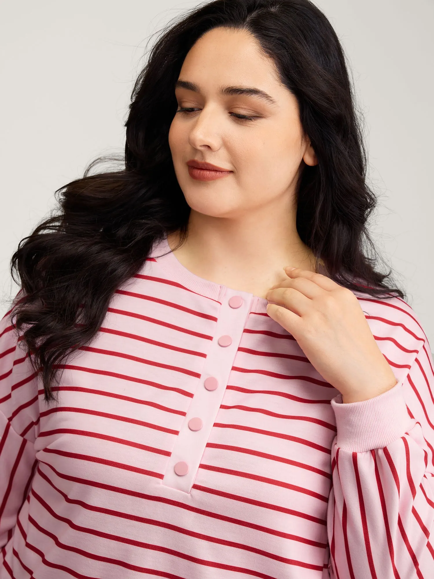 Stripe Snap Button Round Neck Sweatshirt sold by Bloomchic product image thumbnail 2
