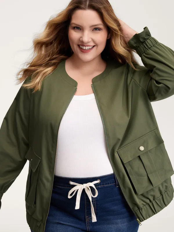 Lined Pockets Shirred Cuffs Zipper Jacket sold by Bloomchic