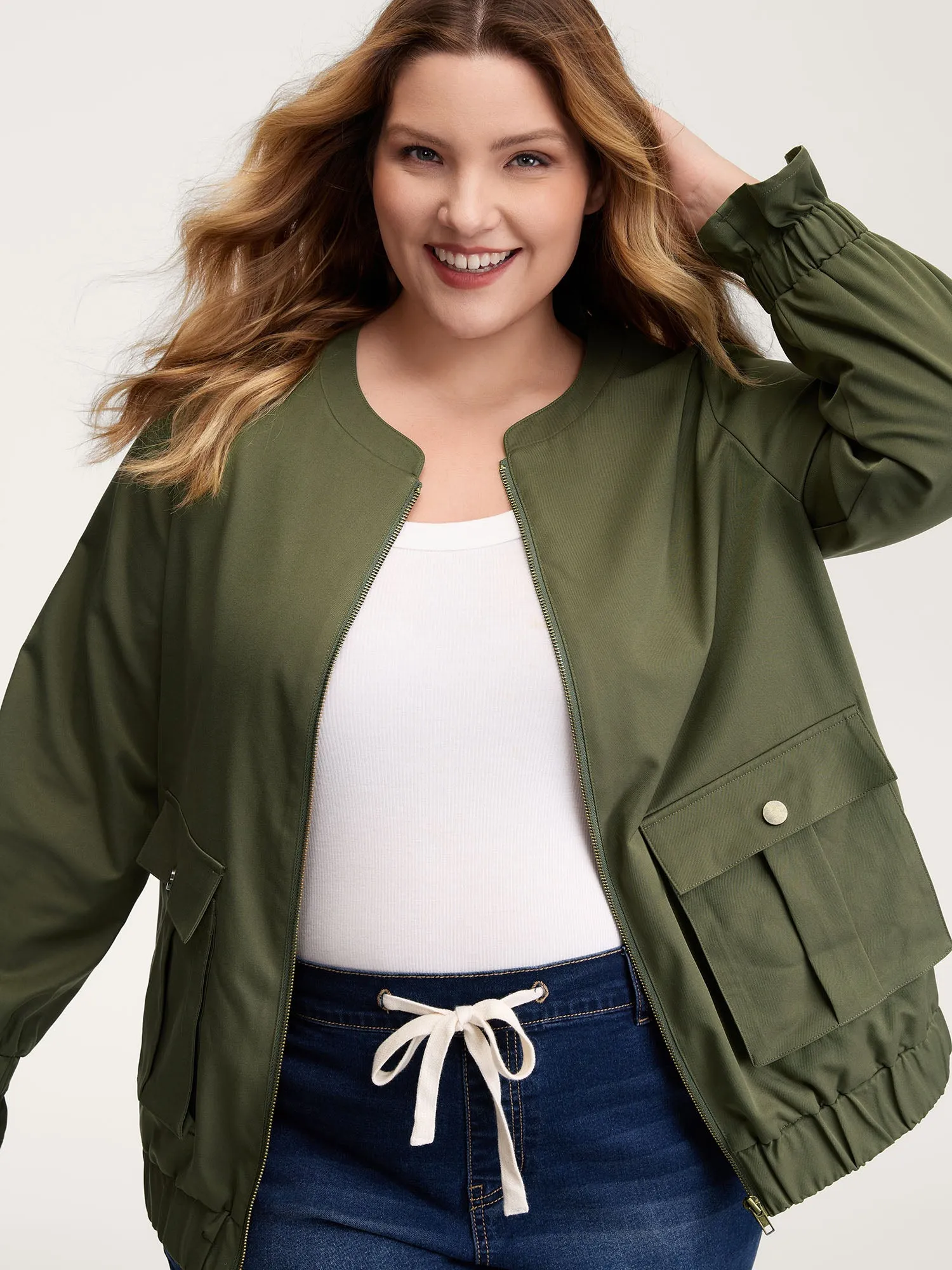 Lined Pockets Shirred Cuffs Zipper Jacket sold by Bloomchic