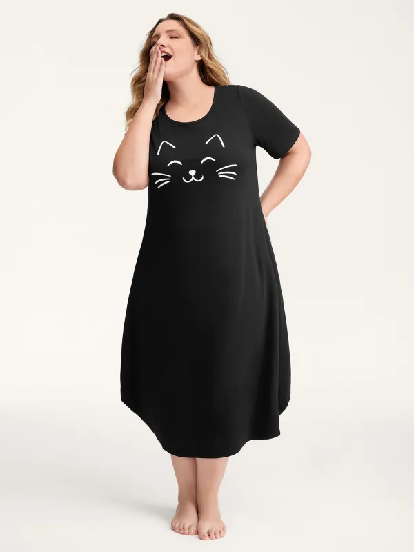 Happy Cat Print Stretchy Contrast Sleep Dress sold by Bloomchic