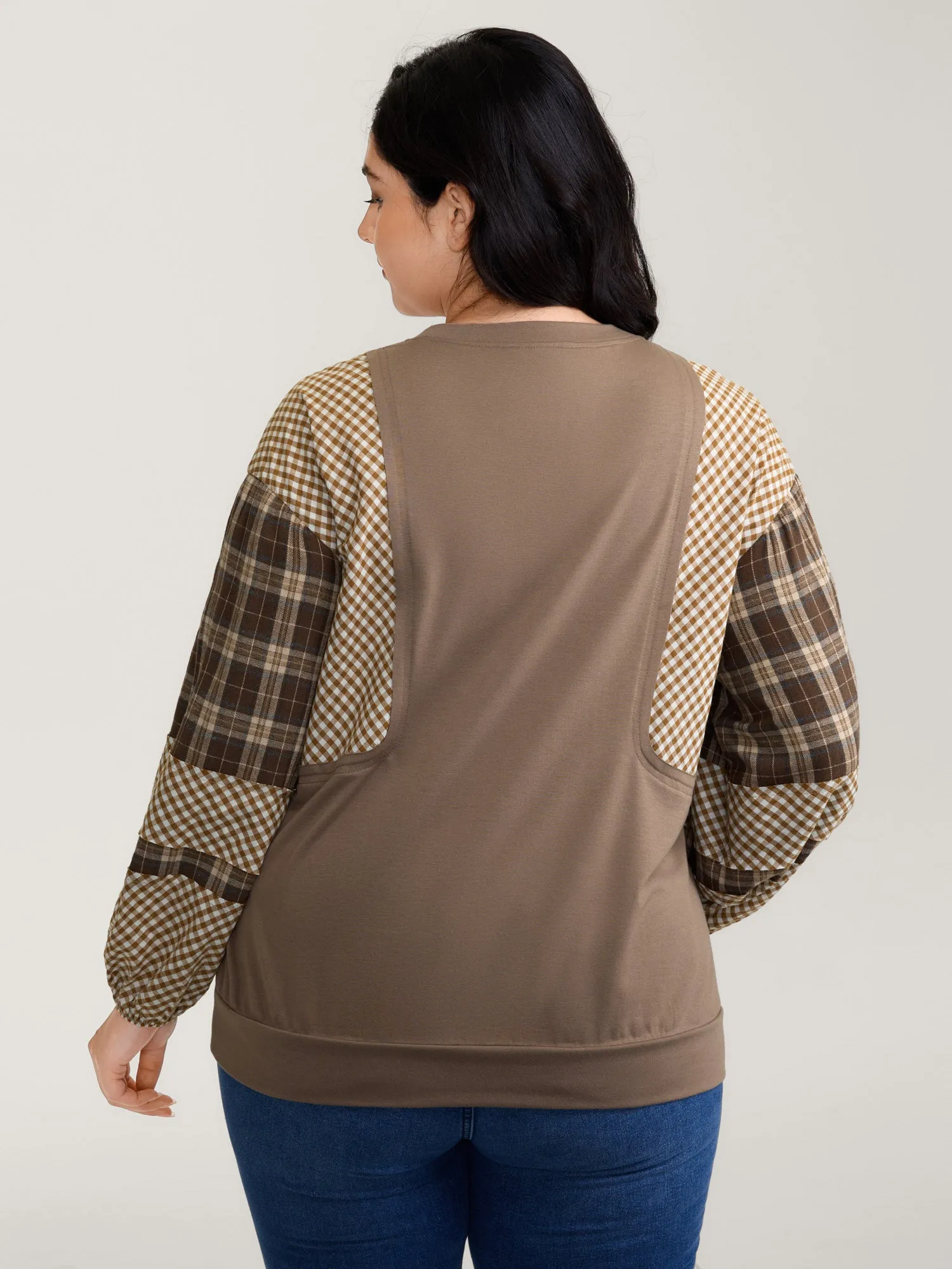 Plaid Contrast Sleeve Stretchy Hem Sweatshirt sold by Bloomchic product image thumbnail 4