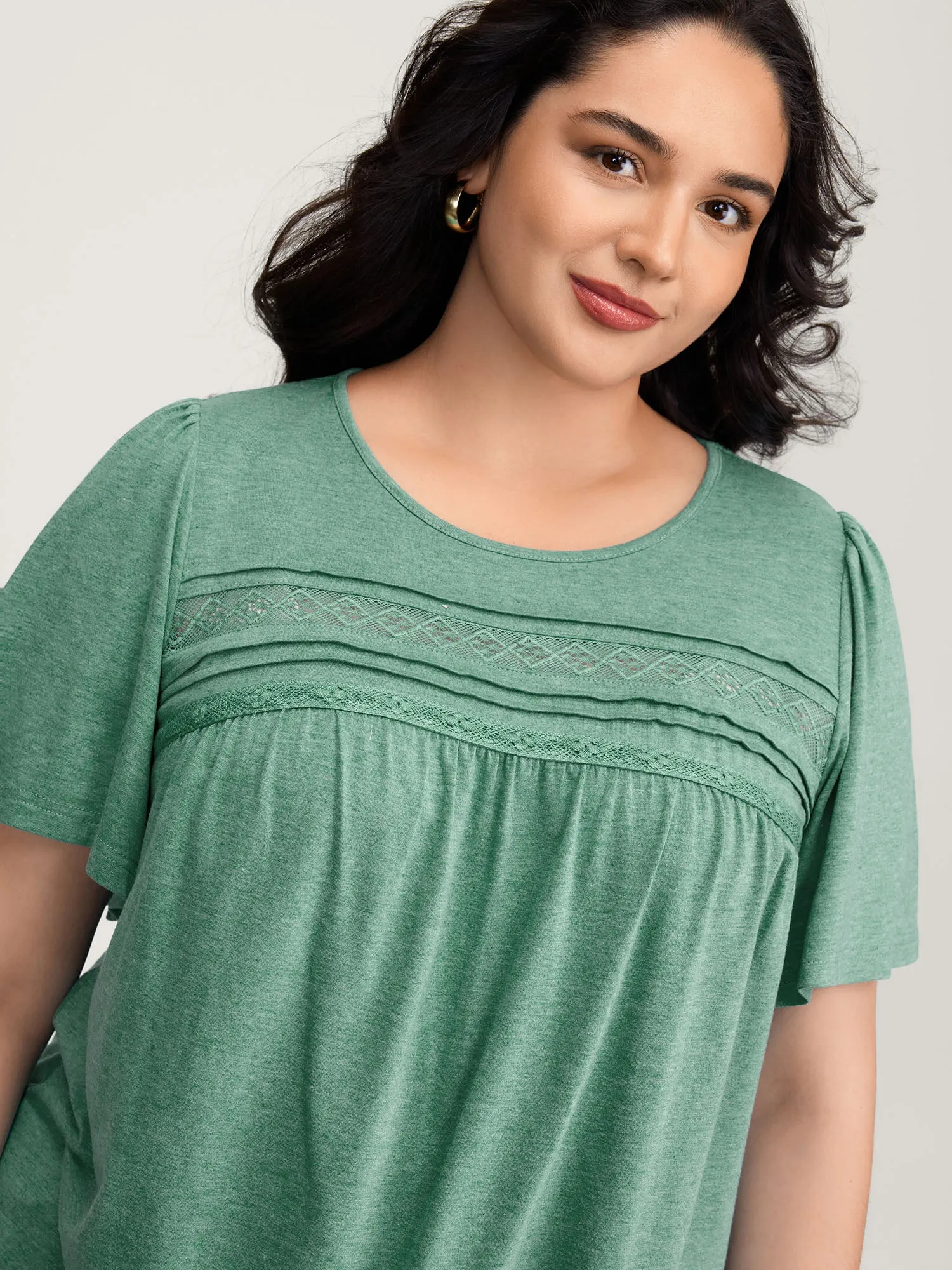 Supersoft Pleated Detail Lace Trim T-Shirt sold by Bloomchic