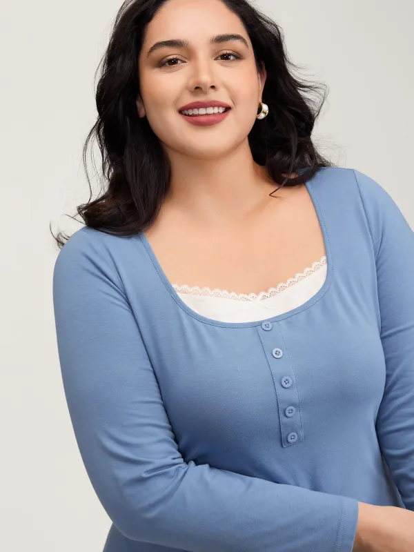 Button Placket Lace Scoop Neck T-Shirt sold by Bloomchic