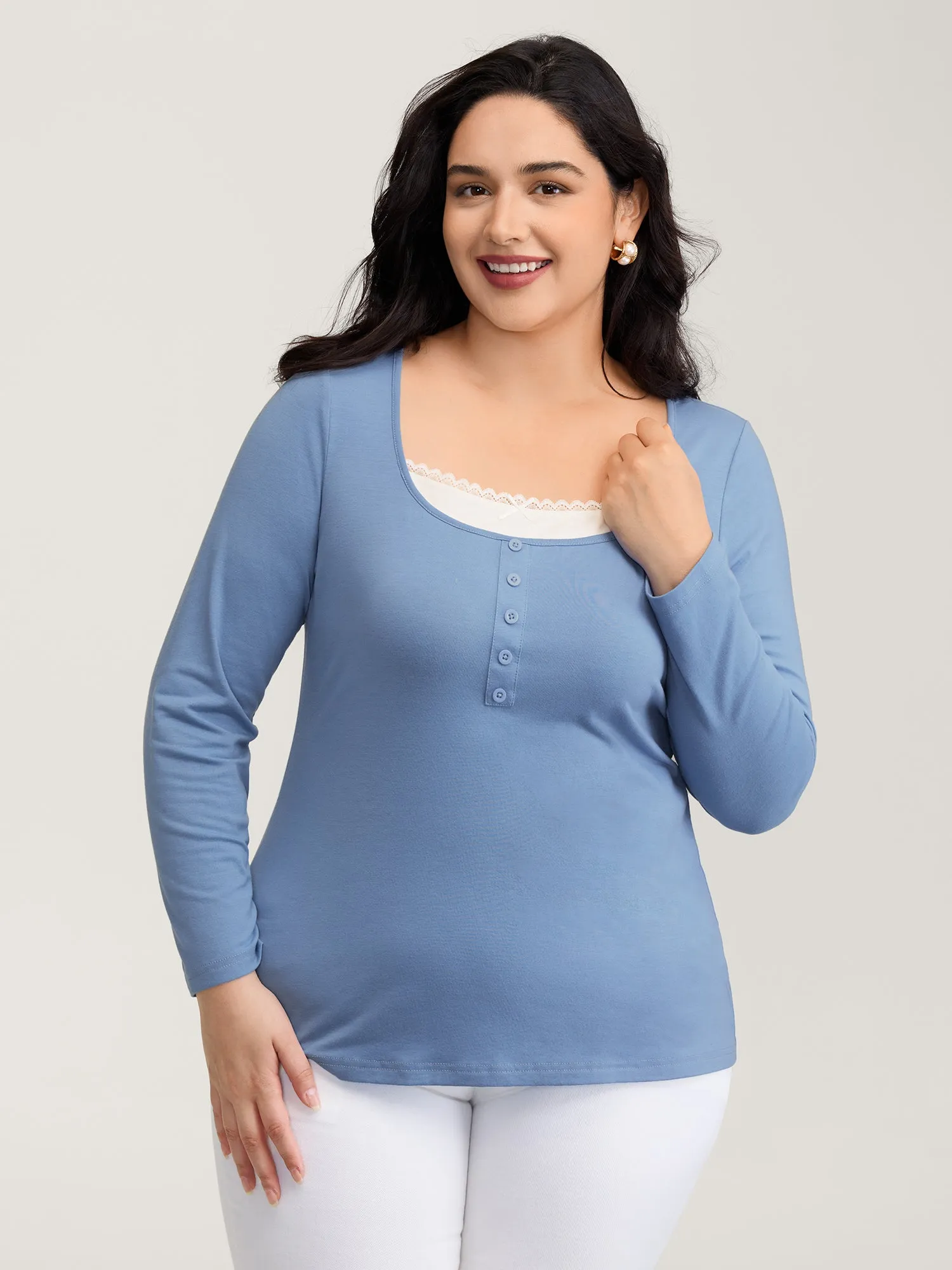 Button Placket Lace Scoop Neck T-Shirt sold by Bloomchic product image thumbnail 2