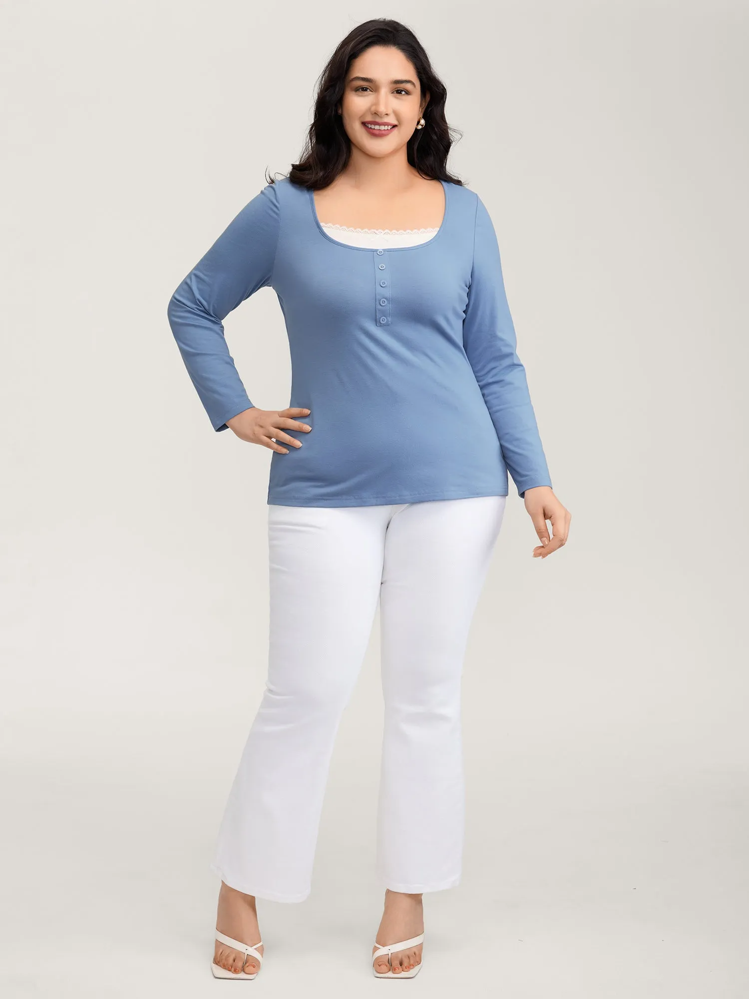 Button Placket Lace Scoop Neck T-Shirt sold by Bloomchic product image thumbnail 3