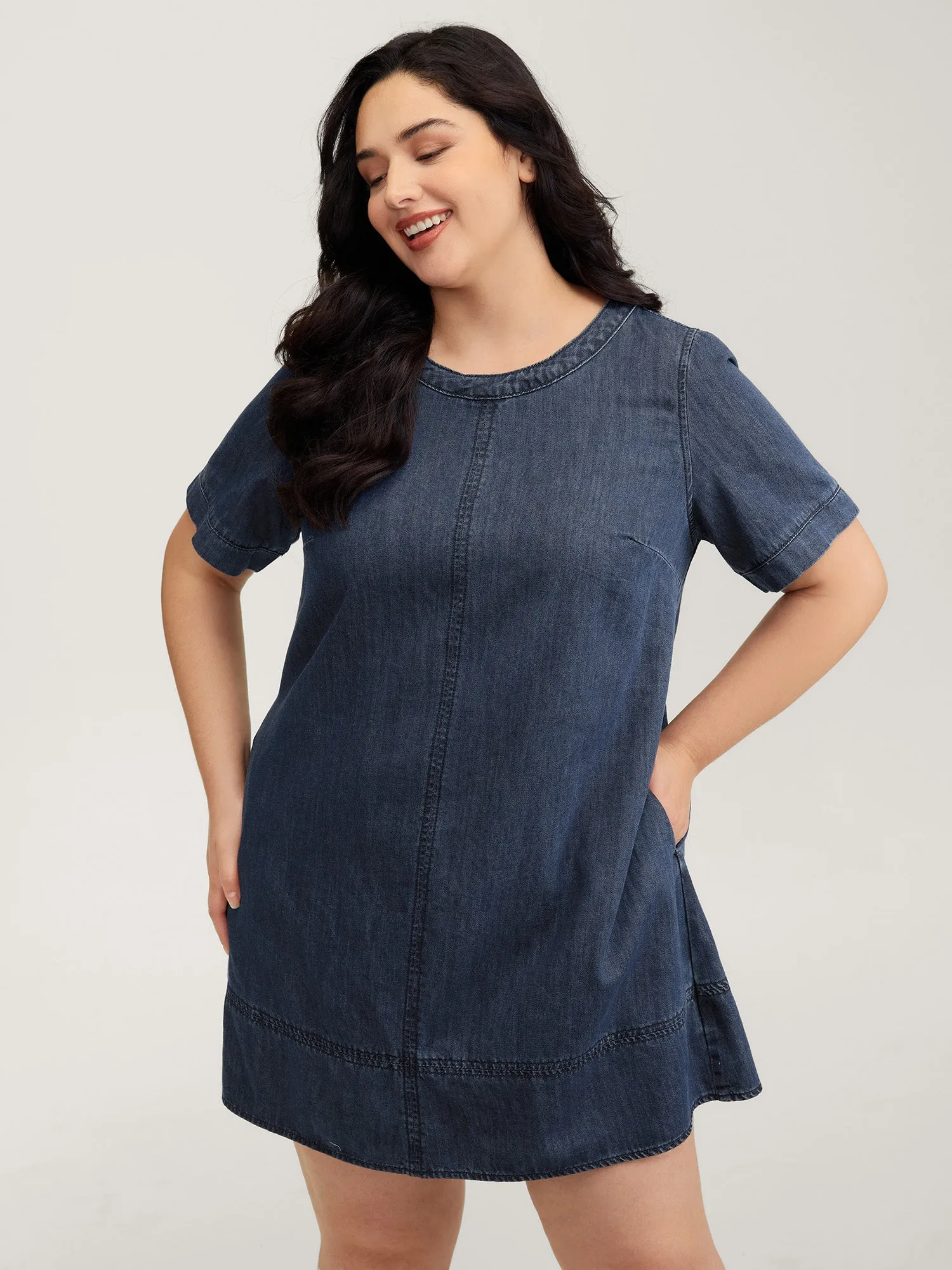 Denim Pockets Button Back Mini Dress sold by Bloomchic