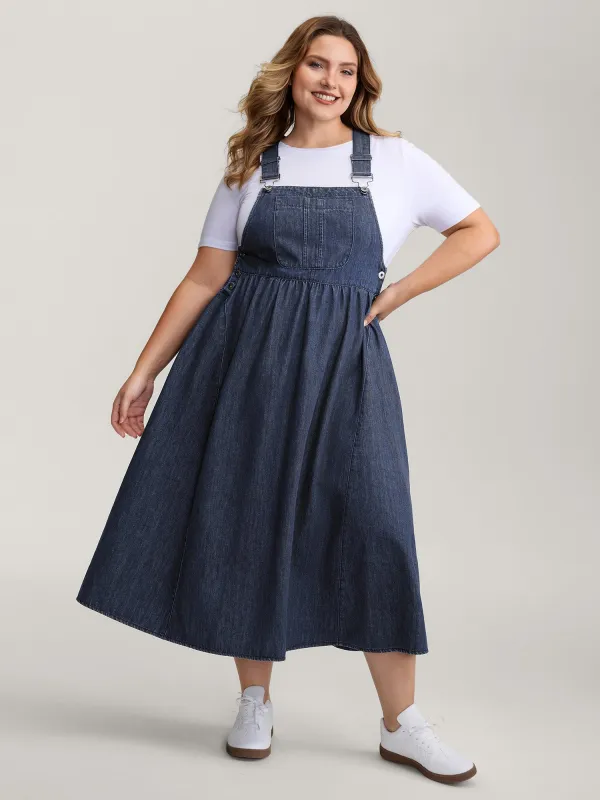 Denim Adjustable Overall Straps Pockets Midi Dress sold by Bloomchic