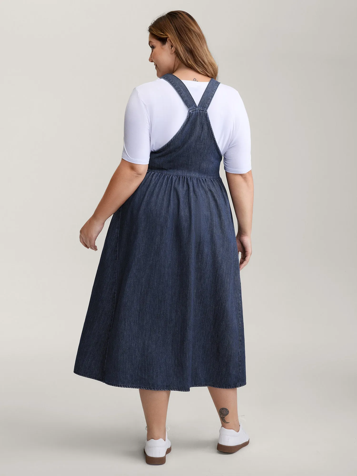 Denim Adjustable Overall Straps Pockets Midi Dress sold by Bloomchic product image thumbnail 5