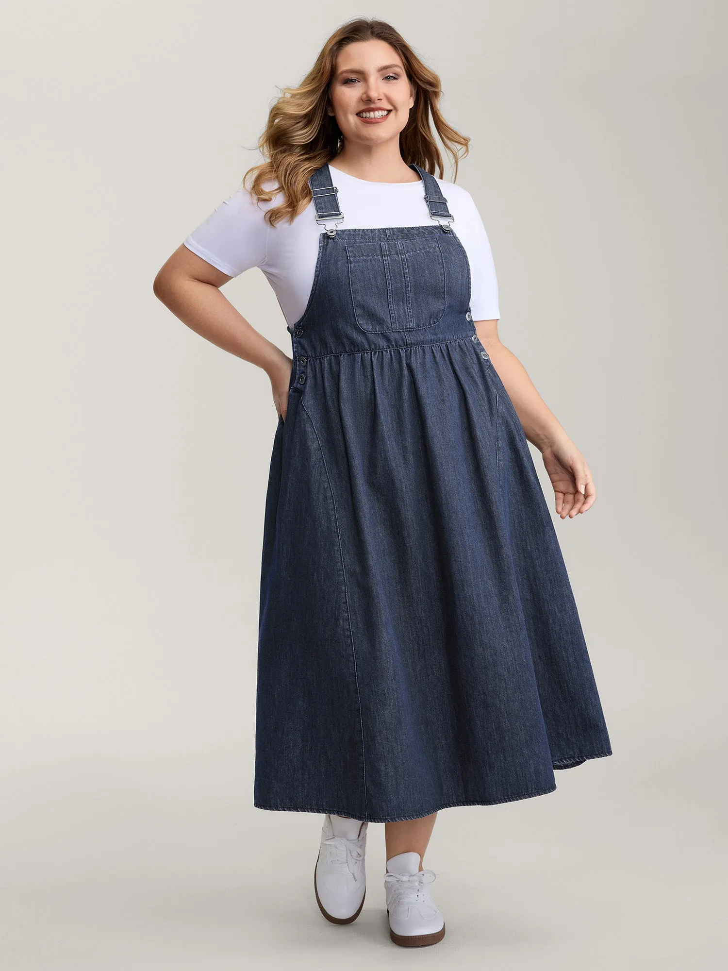 Denim Adjustable Overall Straps Pockets Midi Dress sold by Bloomchic product image thumbnail 3