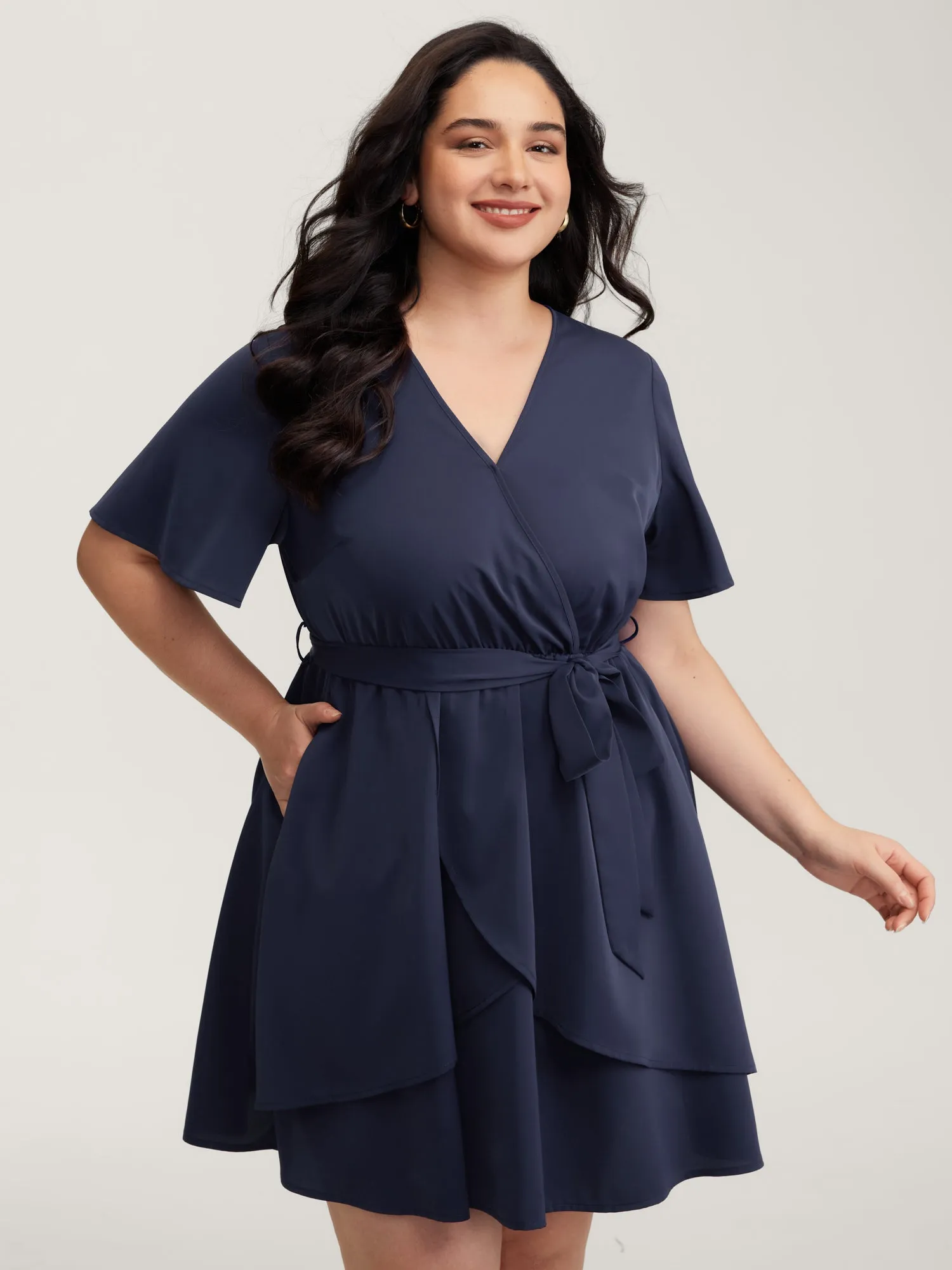 V-Neck Adjustable Belted Waist Mini Dress sold by Bloomchic
