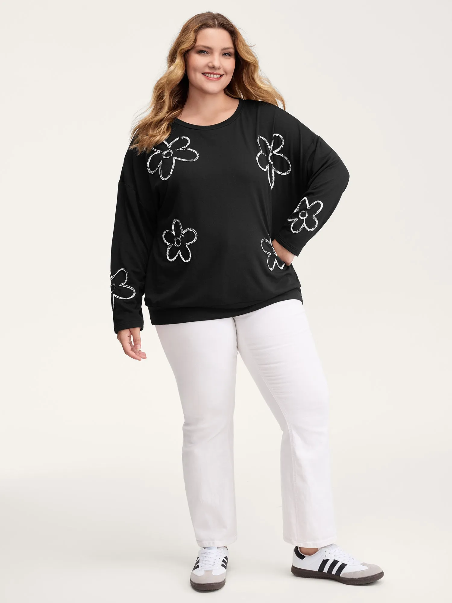 Floral Cord Embroidery Round Neck Sweatshirt sold by Bloomchic product image thumbnail 3