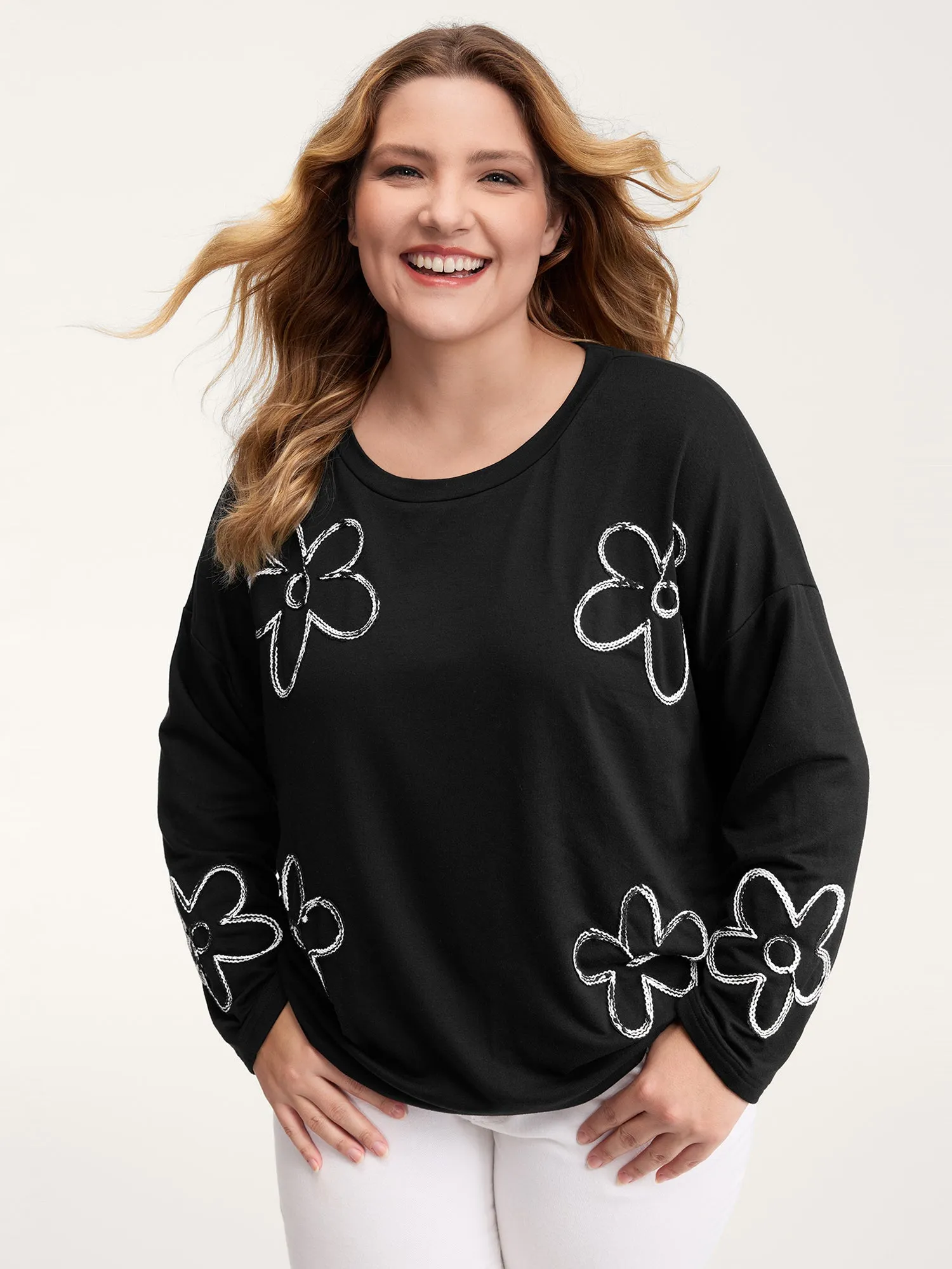 Floral Cord Embroidery Round Neck Sweatshirt sold by Bloomchic