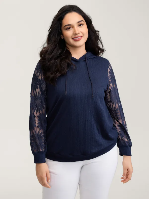 Sheer Lace Sleeve Textured Hoodie sold by Bloomchic