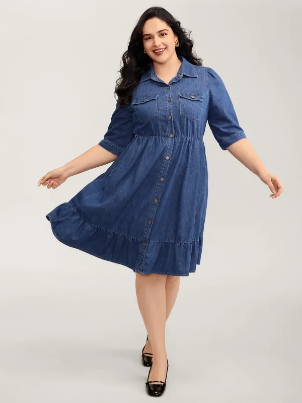 Denim Ruffled Hem Pockets Shirt Dress sold by Bloomchic