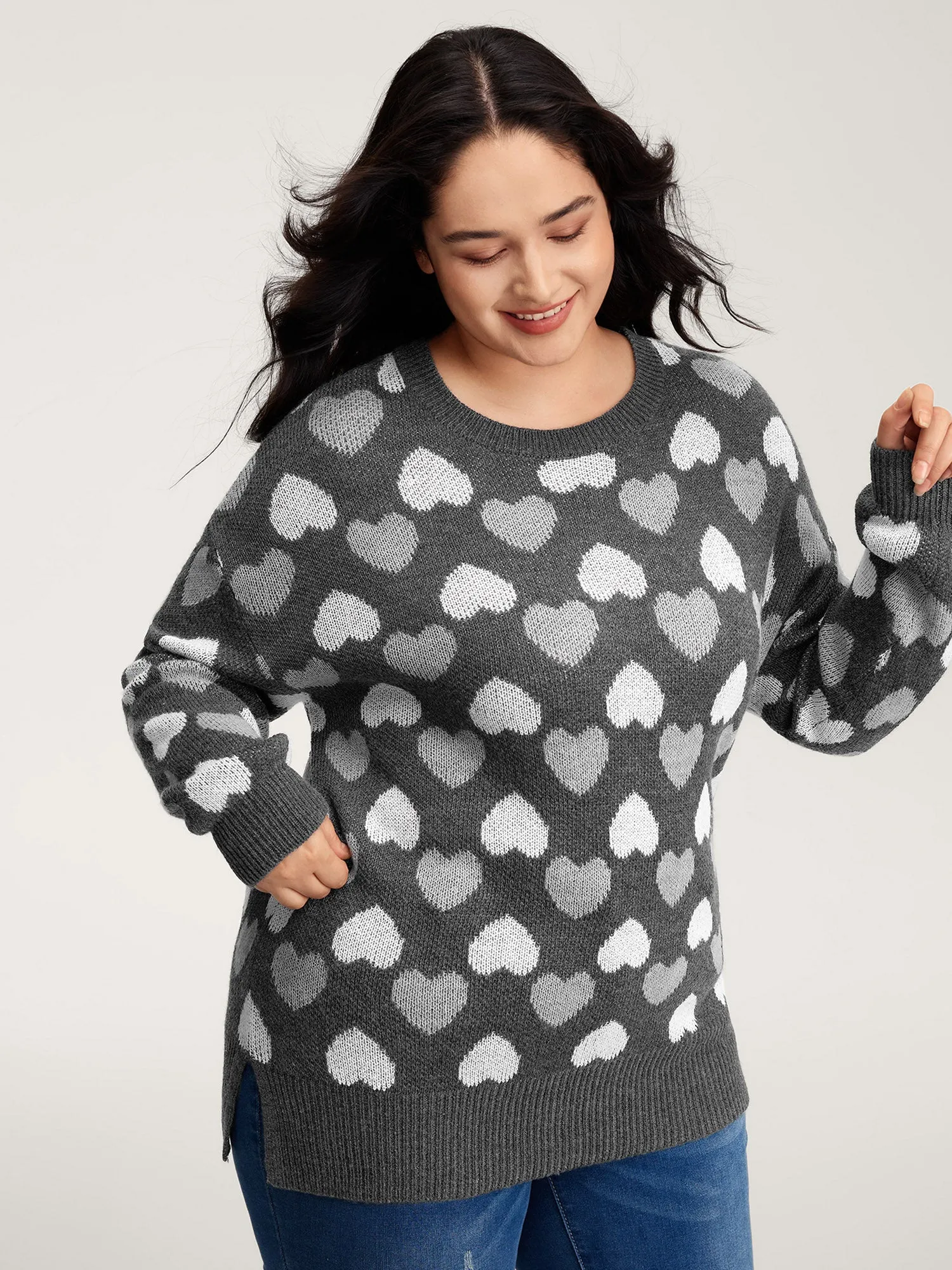 Monochrome Hearts Slit Round Neck Pullover sold by Bloomchic