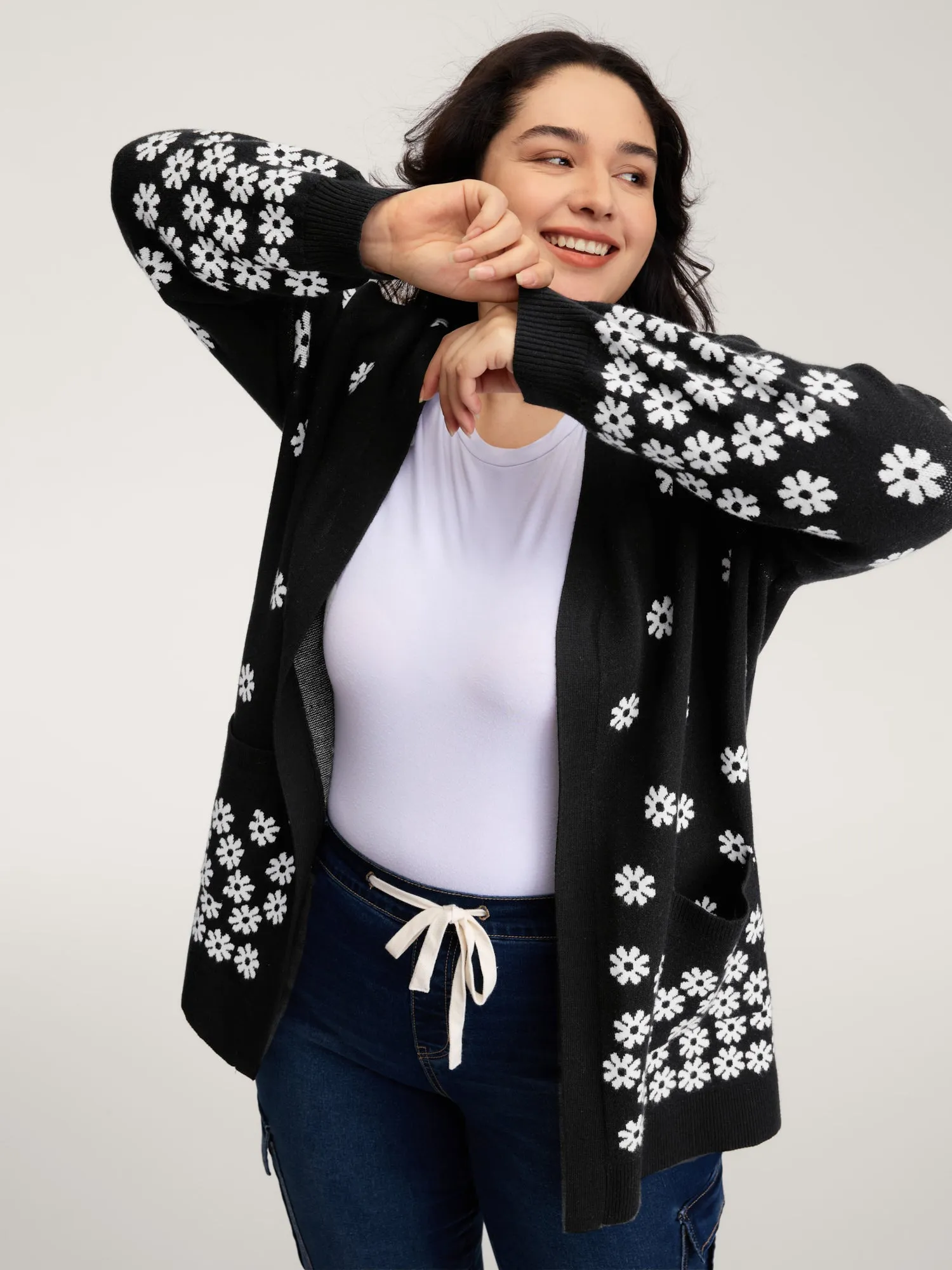 Scattered Floral Pattern Open-Front Cardigan sold by Bloomchic