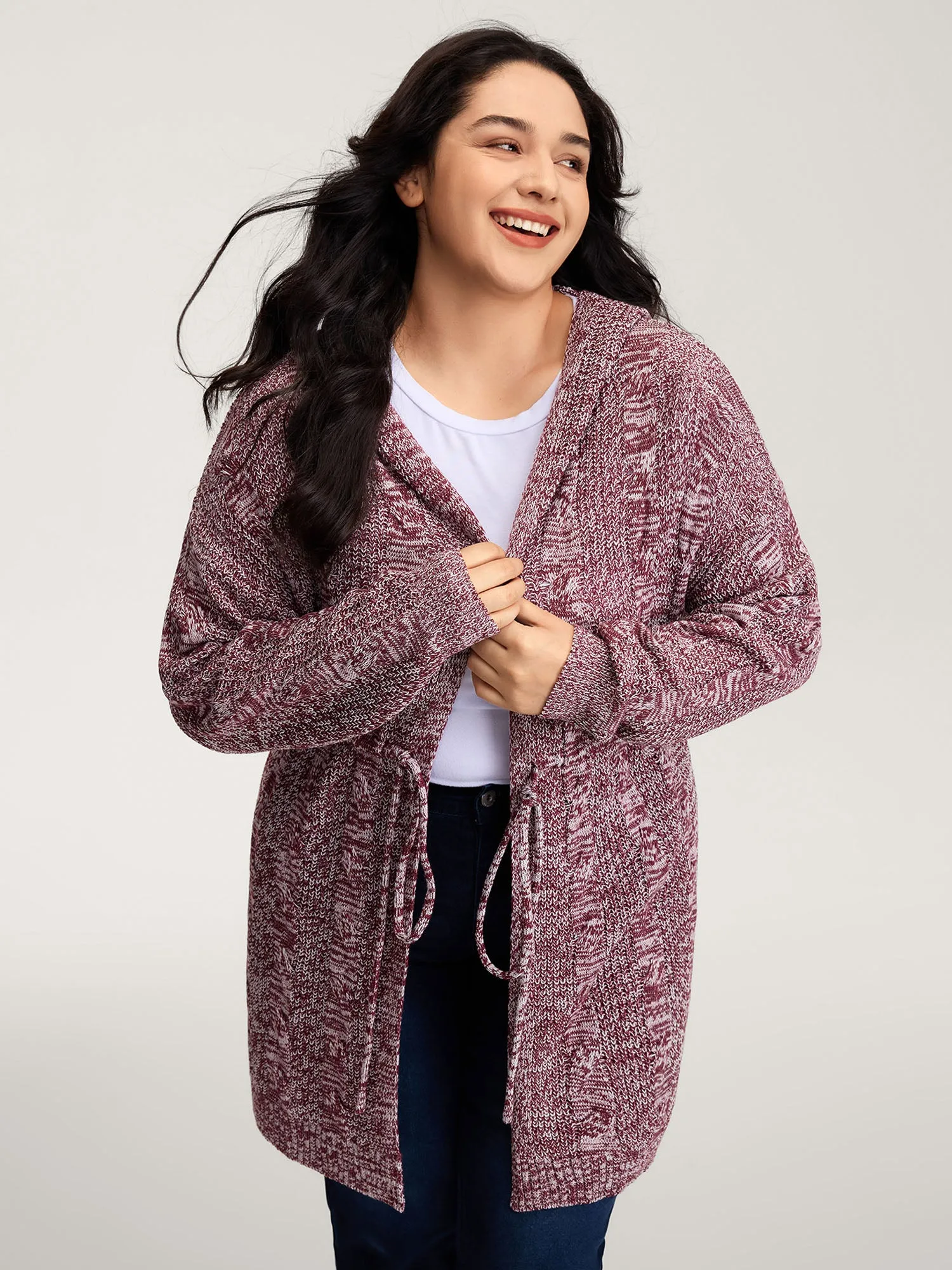 Cable Stitch Heather Hooded Knit Cardigan sold by Bloomchic