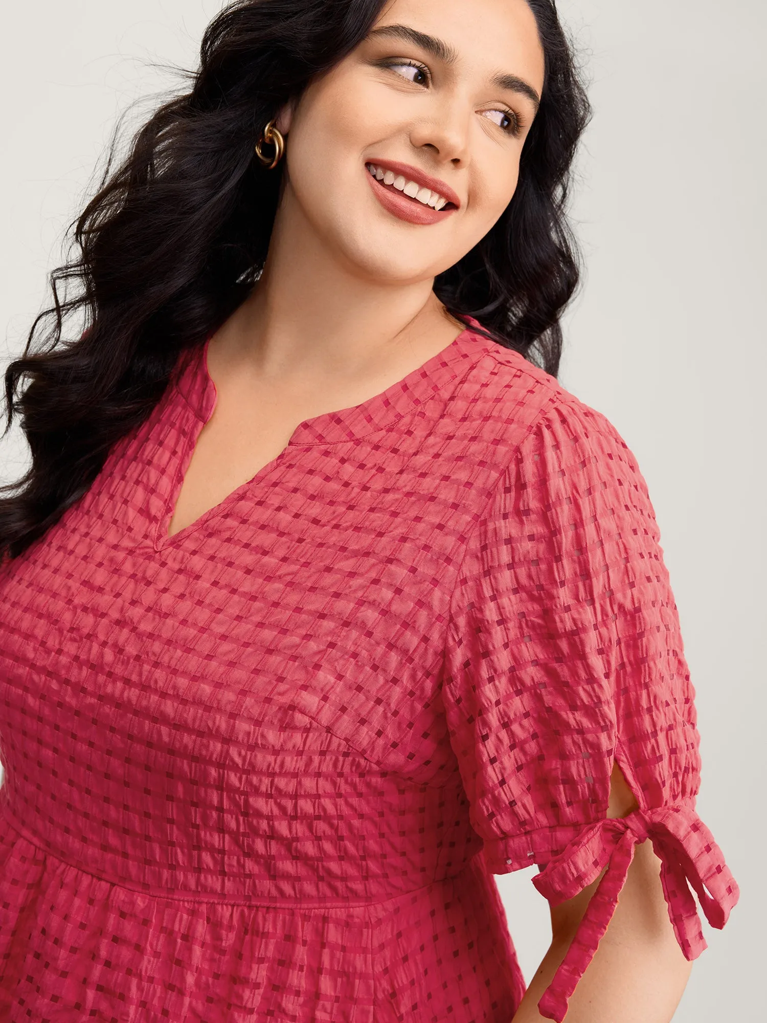 Check Textured Knot Sleeve Knee-Length Dress sold by Bloomchic product image thumbnail 2