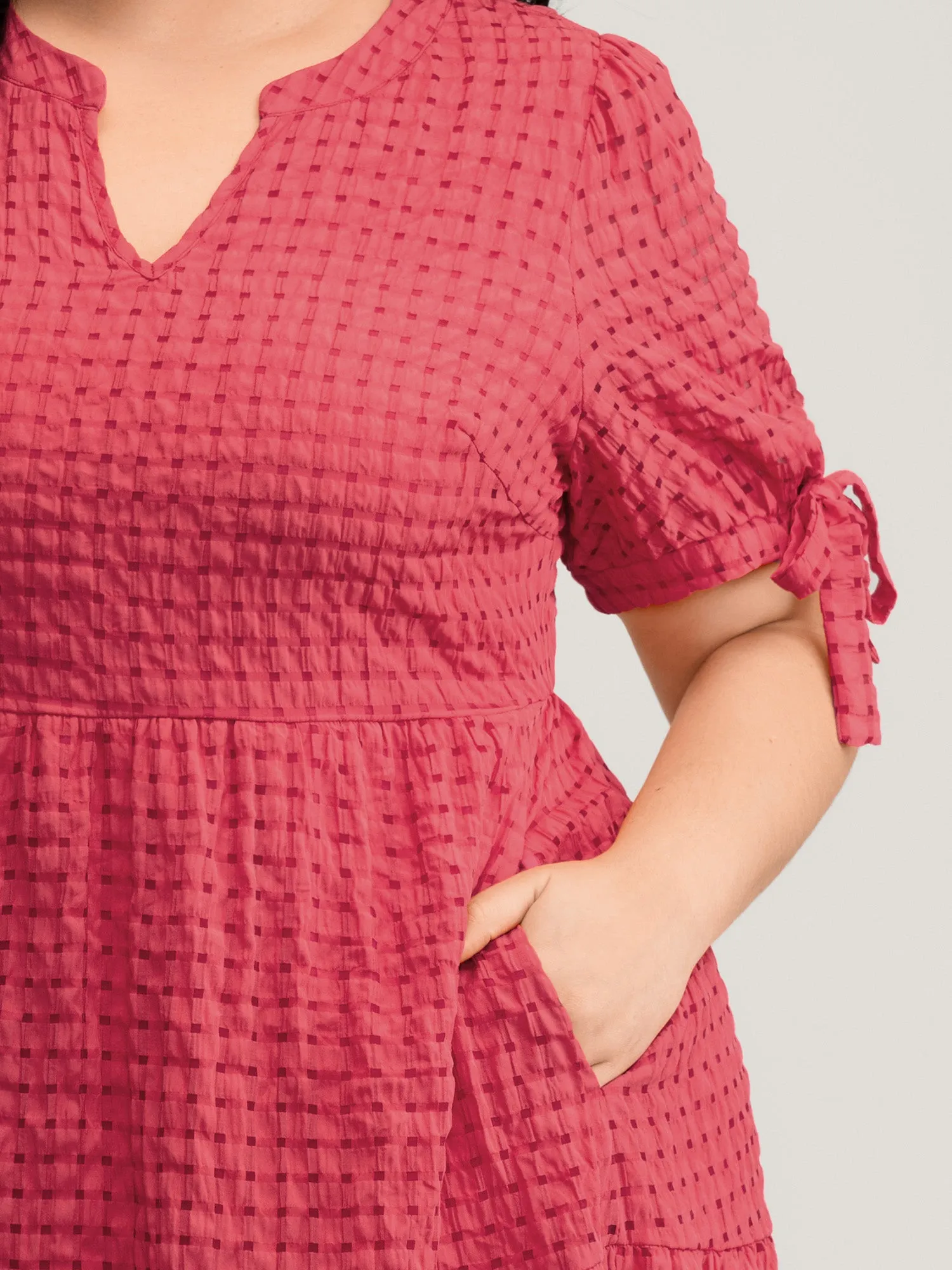 Check Textured Knot Sleeve Knee-Length Dress sold by Bloomchic product image thumbnail 3