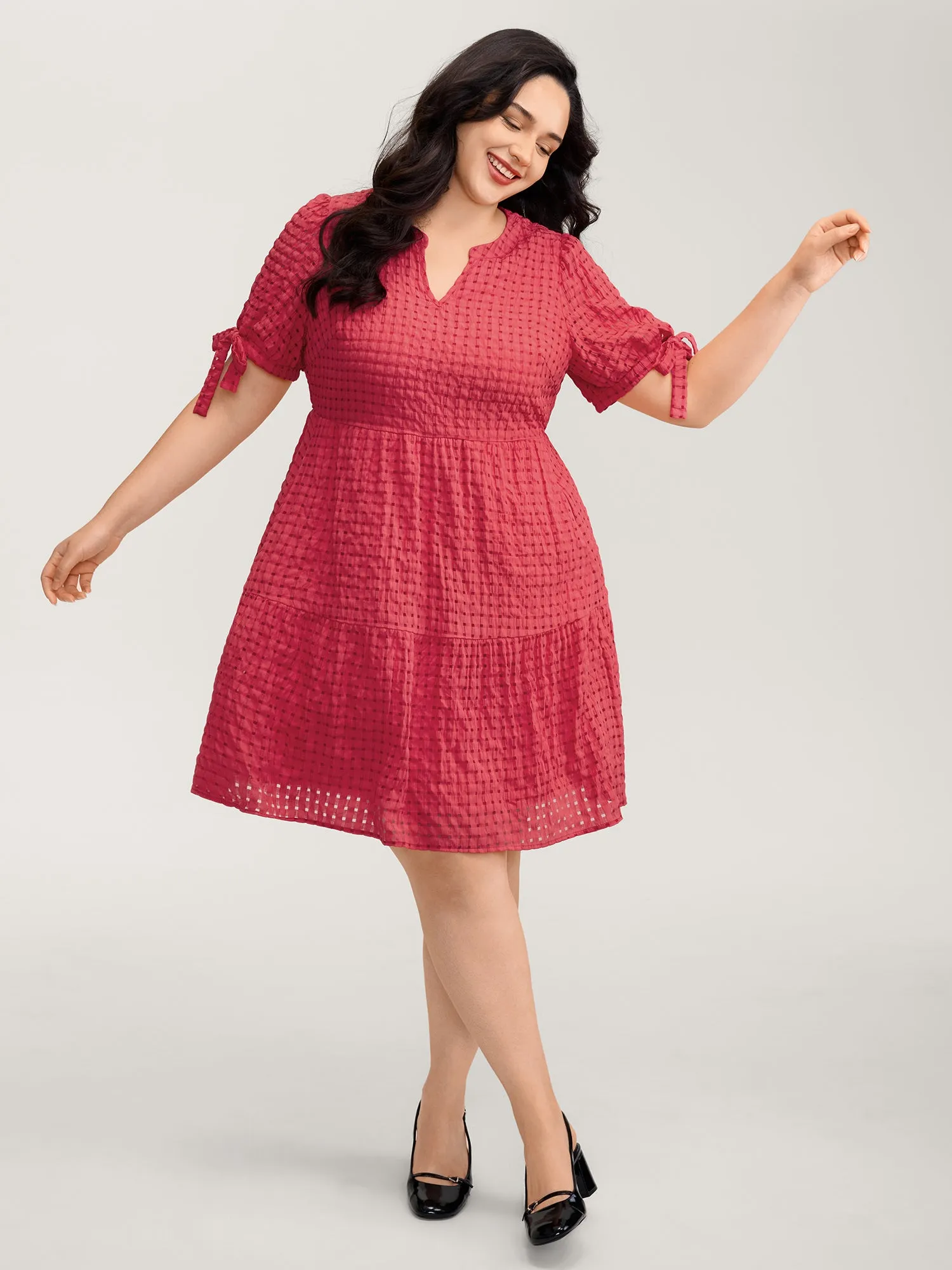 Check Textured Knot Sleeve Knee-Length Dress sold by Bloomchic product image thumbnail 4