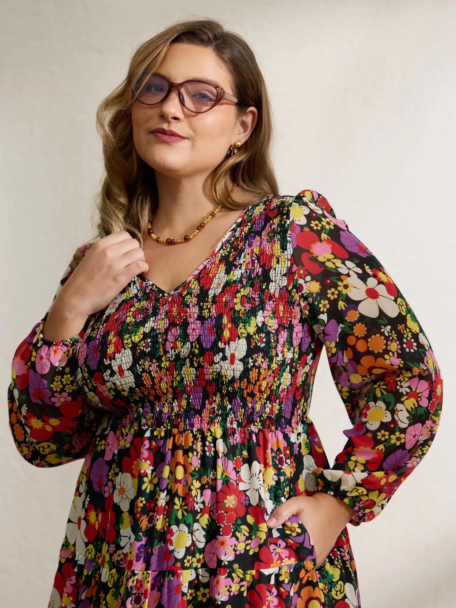 Floral Shirred Pockets Stretchy Waist Midi Dress sold by Bloomchic product image thumbnail 2