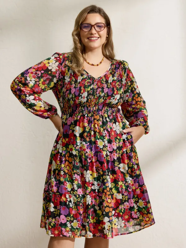 Floral Shirred Pockets Stretchy Waist Midi Dress sold by Bloomchic