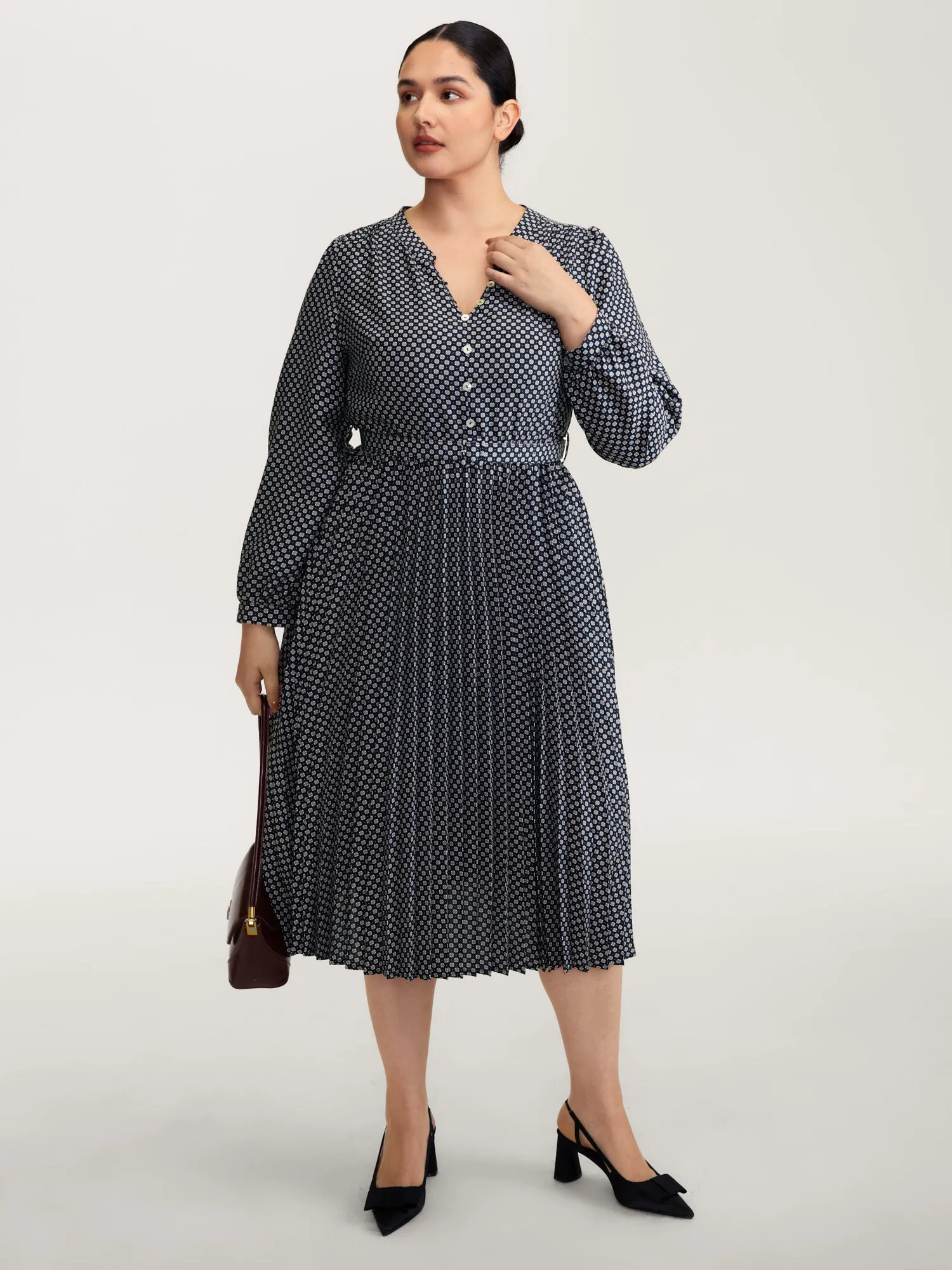 Geometric Print Pleated Notched Collar Midi Dress sold by Bloomchic