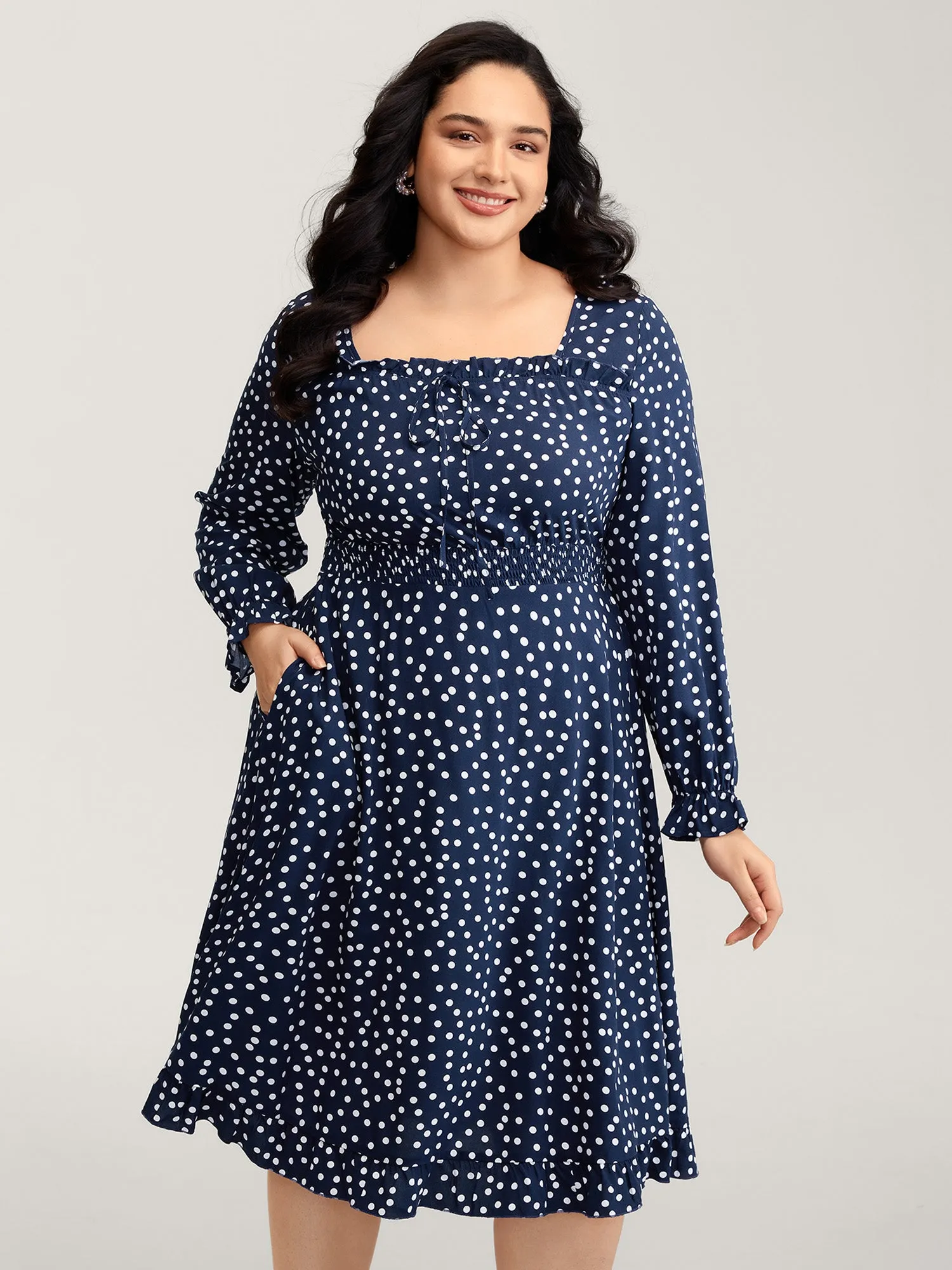 Polka Dots Shirred Drawstring Neck Midi Dress sold by Bloomchic product image thumbnail 3