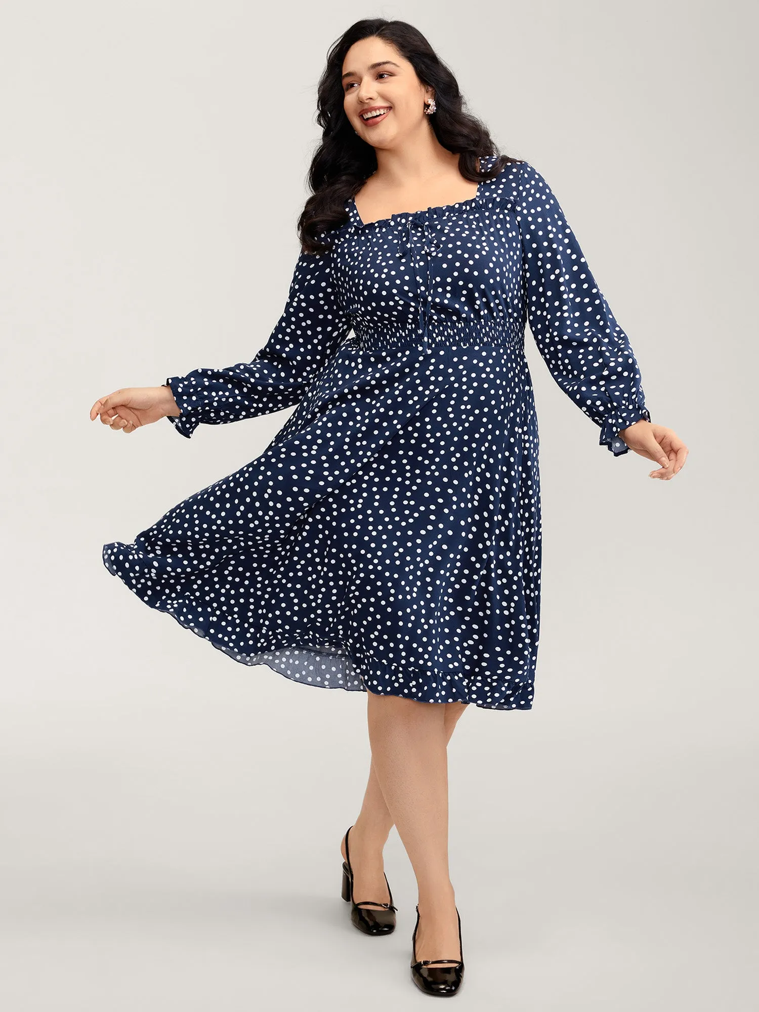 Polka Dots Shirred Drawstring Neck Midi Dress sold by Bloomchic