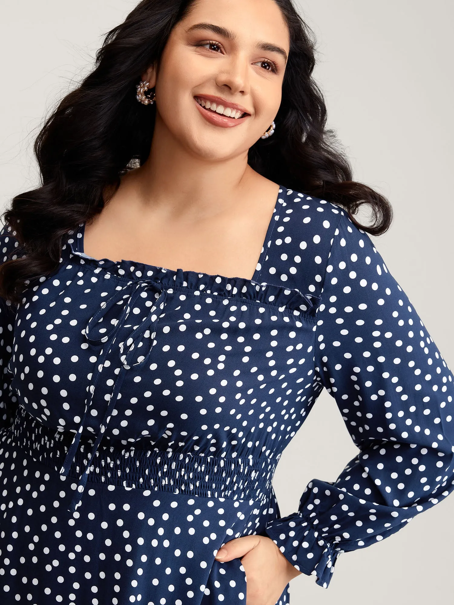 Polka Dots Shirred Drawstring Neck Midi Dress sold by Bloomchic product image thumbnail 2