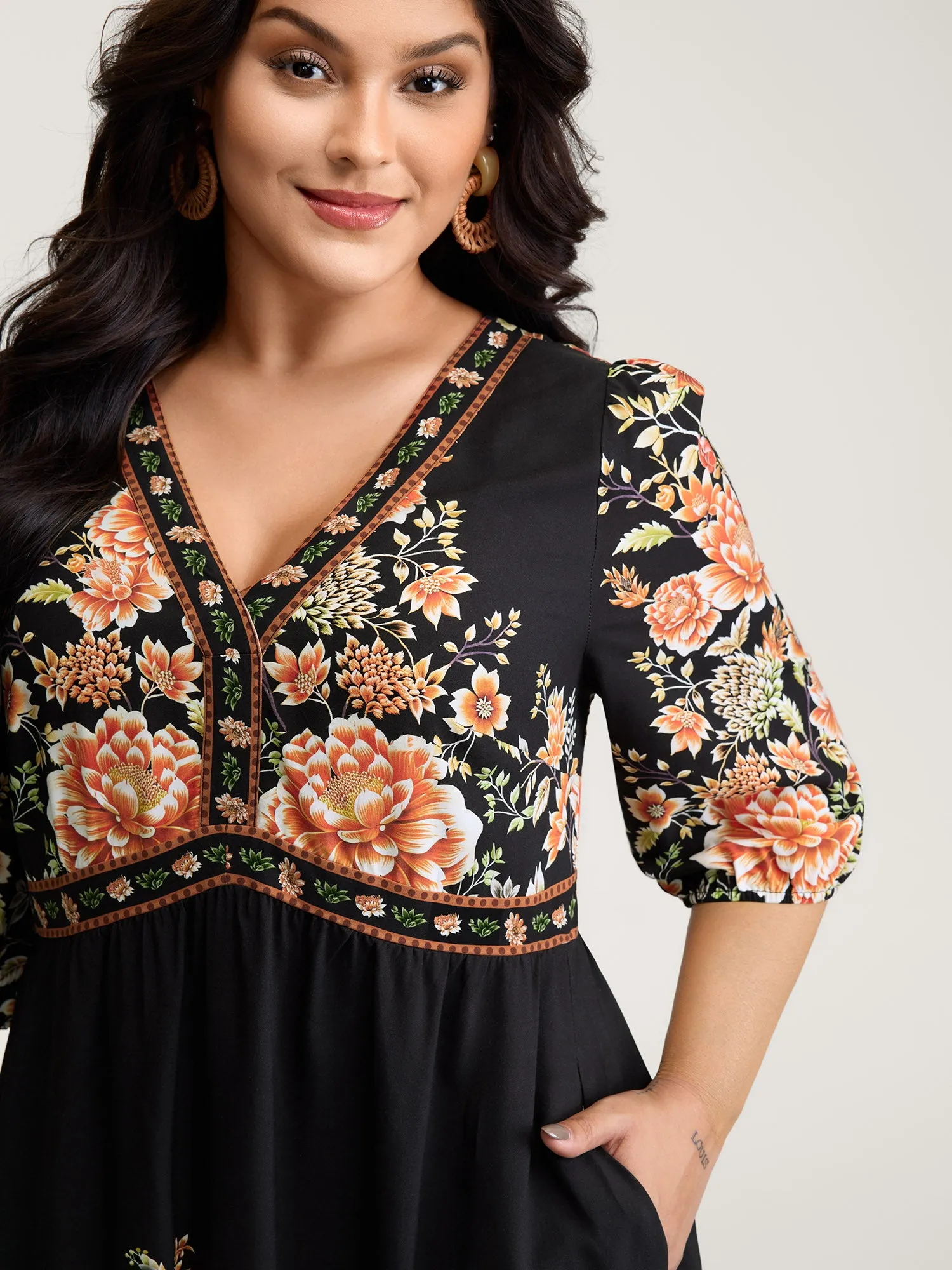 Rayon Floral Print Contrast V-Neck Midi Dress sold by Bloomchic product image thumbnail 2